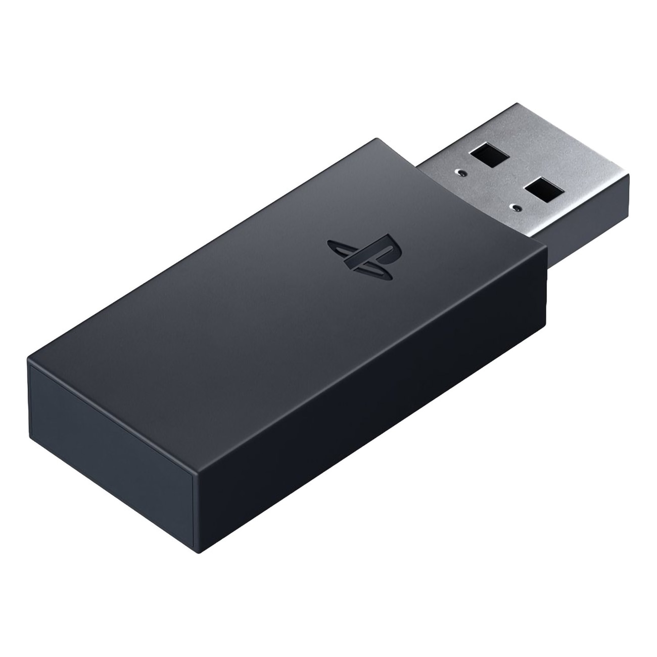 Schwarzer PlayStation-USB-Dongle. Es hat ein PlayStation-Logo. Der USB-Anschluss ist silberfarben.