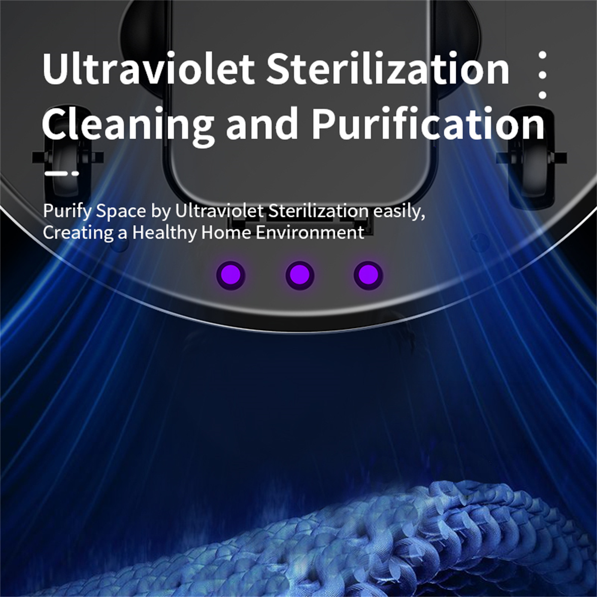 Ein Roboter-Staubsauger emittiert blaues Licht. Text-Overlays sagen 'Ultraviolett-Sterilisation: Reinigung und Reinigung'.