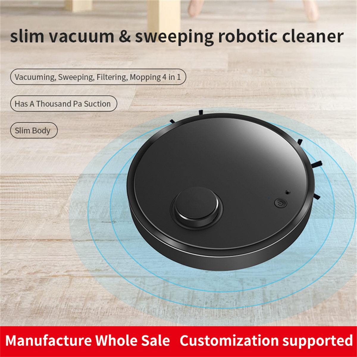 Ein schwarzer Roboter-Staubsauger auf einem Holzboden. Text erwähnt Staubsaugen und Wischen.