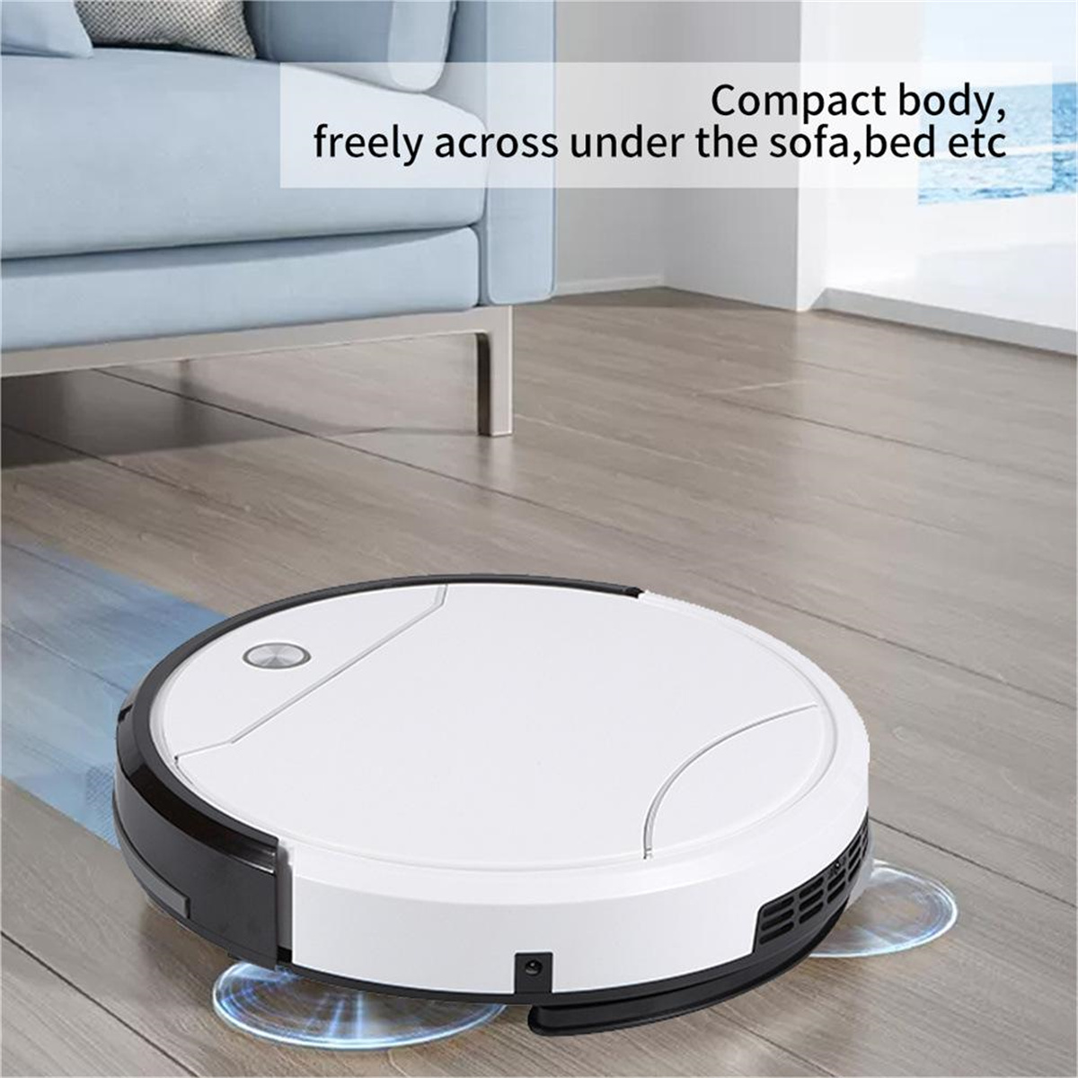 Ein runder, weißer Roboter-Staubsauger auf einem Holzboden.