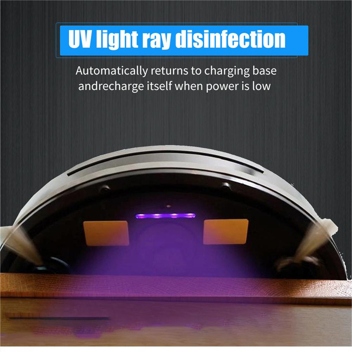 Ein Roboter-Staubsauger mit einem violetten Licht, das von unten emittiert wird. Es sitzt auf einer Holzoberfläche.