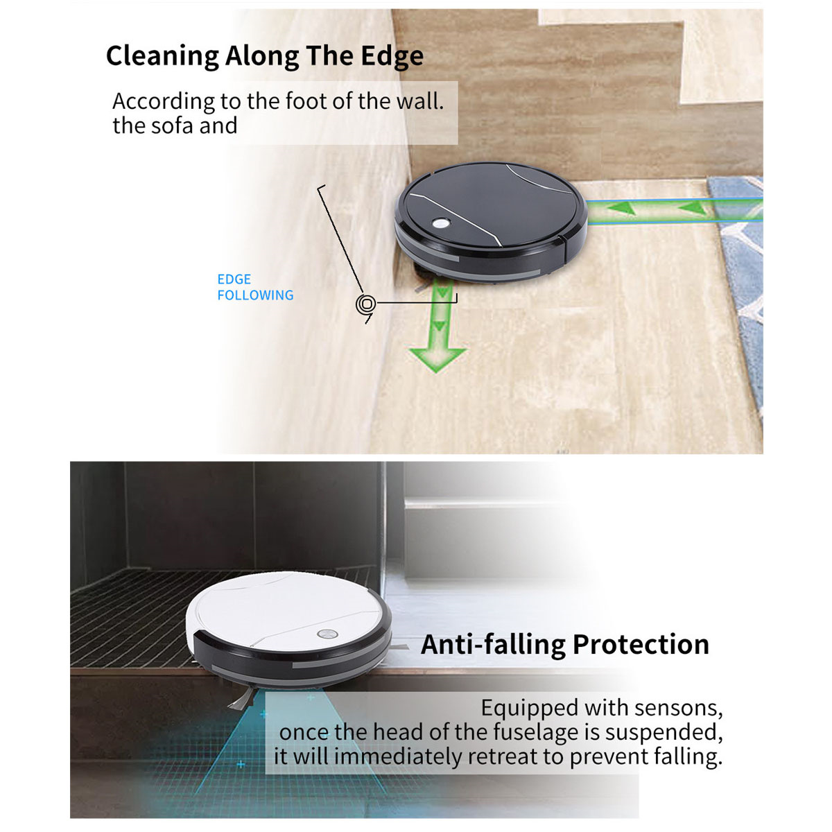 Roboter-Staubsauger reinigt entlang einer Kante, Diagramm mit Text.