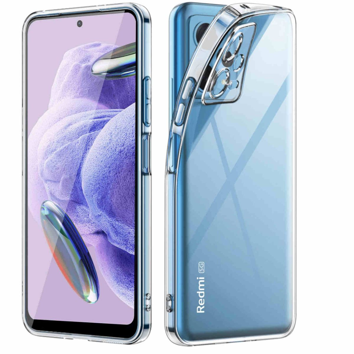 Zwei Smartphones mit transparentem Gehäuse. Eines zeigt die Vorder-, das andere die Rückseite. Weißer Hintergrund.