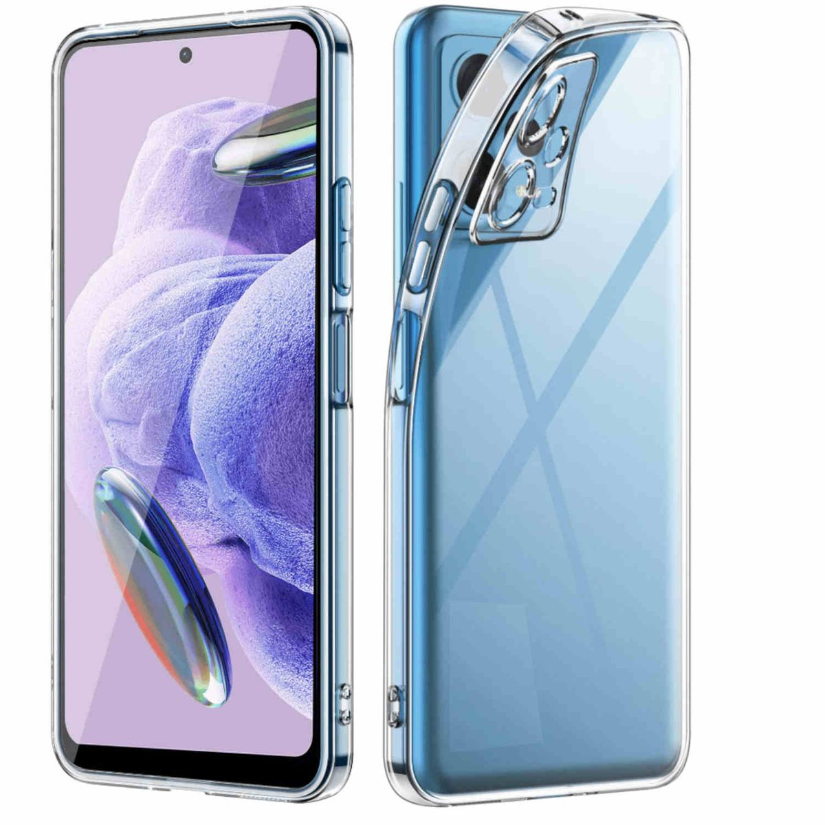 Zwei transparente Handyhüllen, in denen jeweils ein Telefon zu sehen ist. Die Hülle rechts hat einen Blaustich.