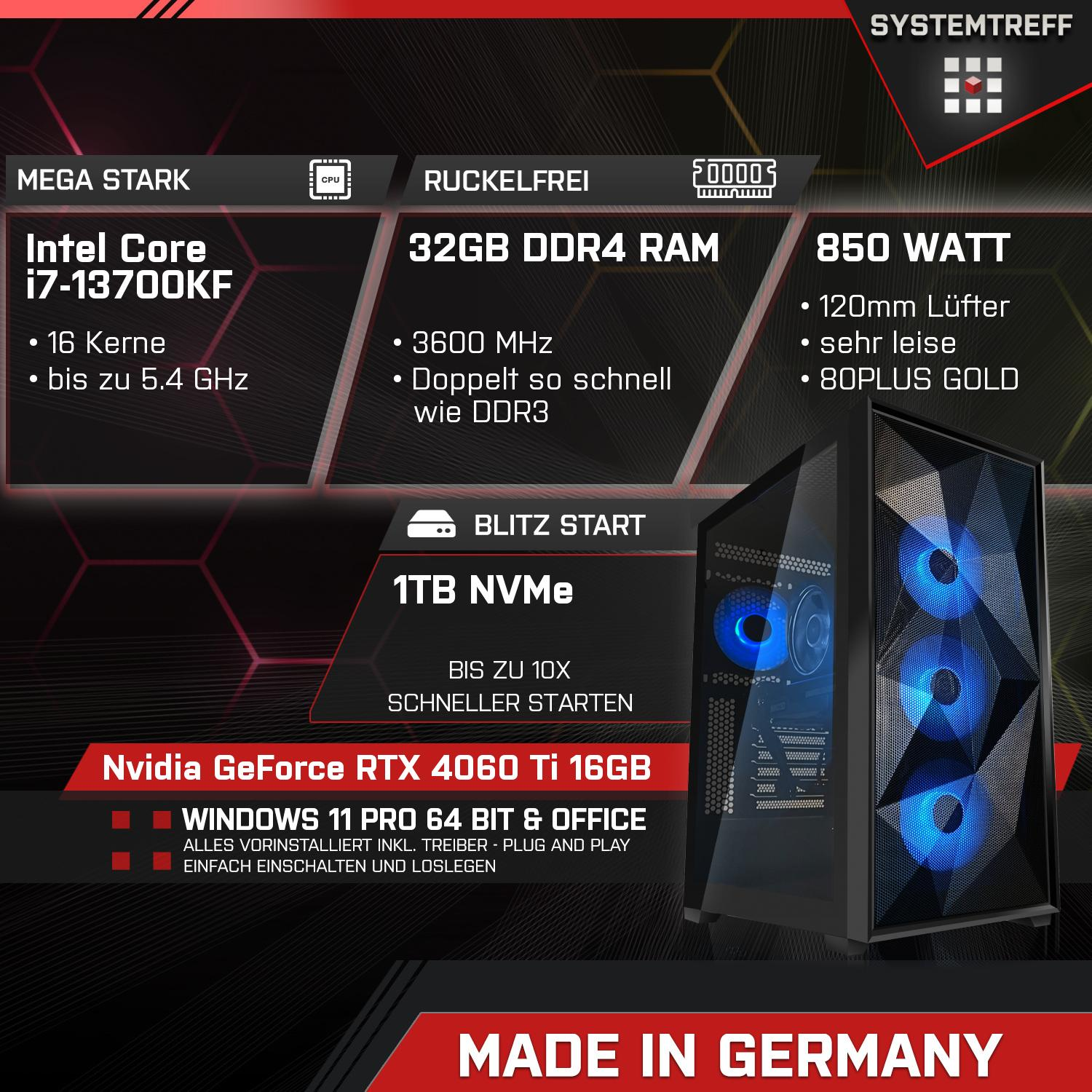 SYSTEMTREFF Gaming Komplett Intel mit i7-13700KF GB 4060Ti RTX 16 32 i7-13700KF, mSSD, mit GDDR6 3, PC Komplett GB 8GB RAM, Nvidia DLSS GeForce Prozessor, 1000 Core GB