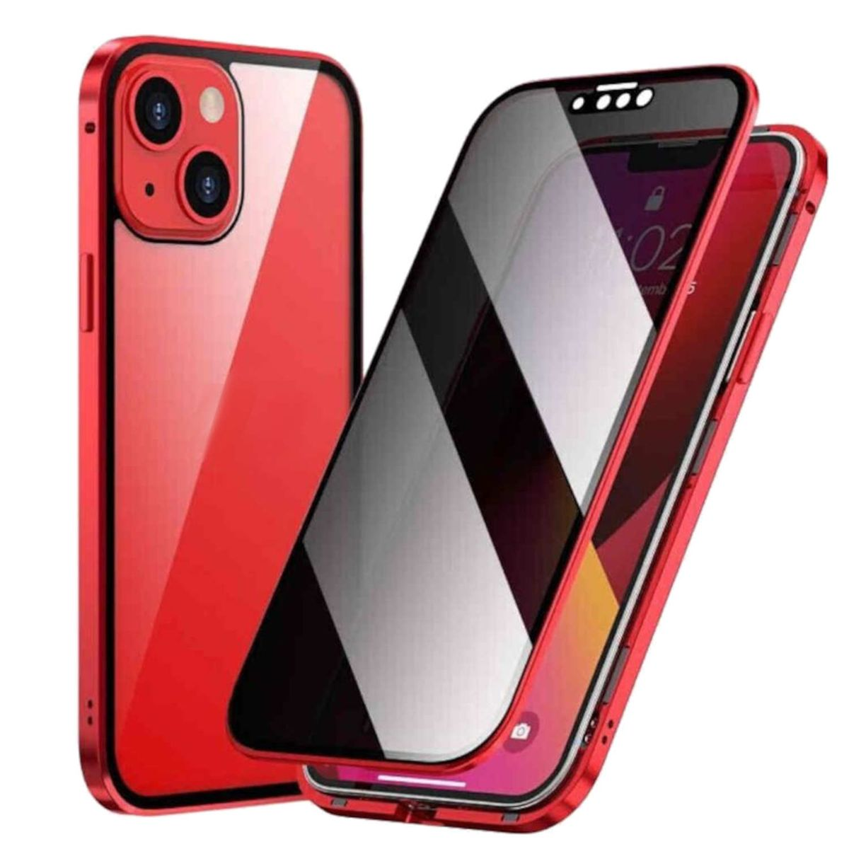 Apple, / Glas / WIGENTO 360 Privacy iPhone Hülle, 14, Rot Cover, Mirror Full Grad Transparent Magnet
