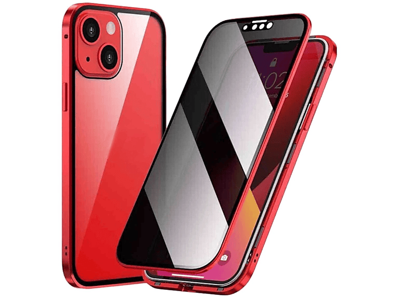WIGENTO 360 Grad Magnet / Glas Privacy Mirror Hülle, Full Cover, Apple, iPhone 14, Rot / Transparent