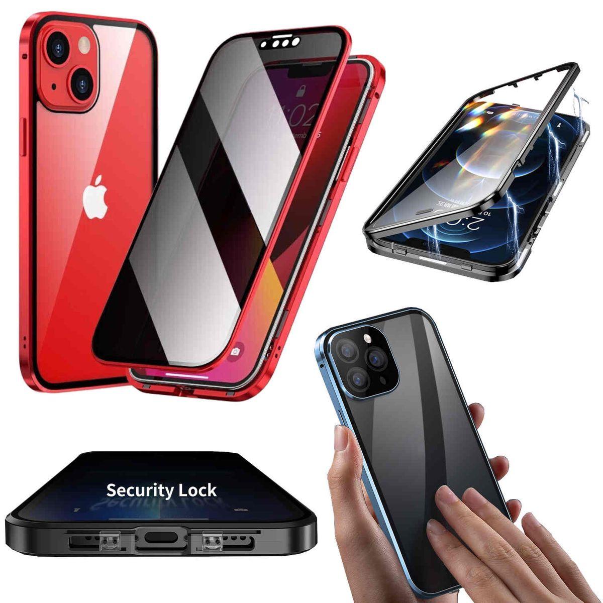 WIGENTO 360 Grad Mirror Glas Cover, / Apple, Hülle, 14, Magnet iPhone / Privacy Transparent Rot Full