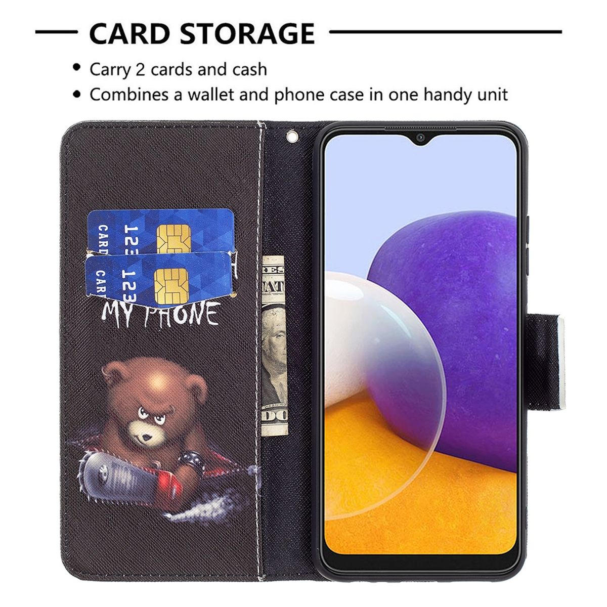 WIGENTO Book Fach, Samsung, Druck Tasche & 5G, mit Motiv Geld Galaxy Schwarz Kreditkarten Muster Bookcover, Wallet mit A22