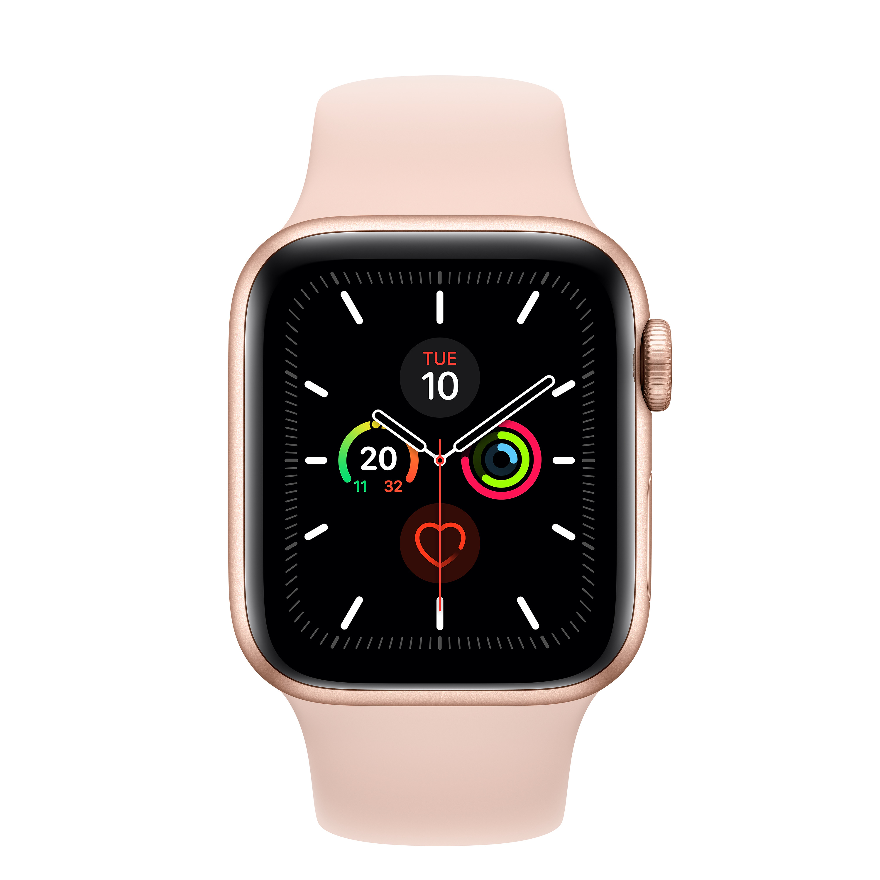 Nahaufnahme einer goldenen Apple Watch mit rosa Armband, die Zeit und Gesundheitsdaten anzeigt.