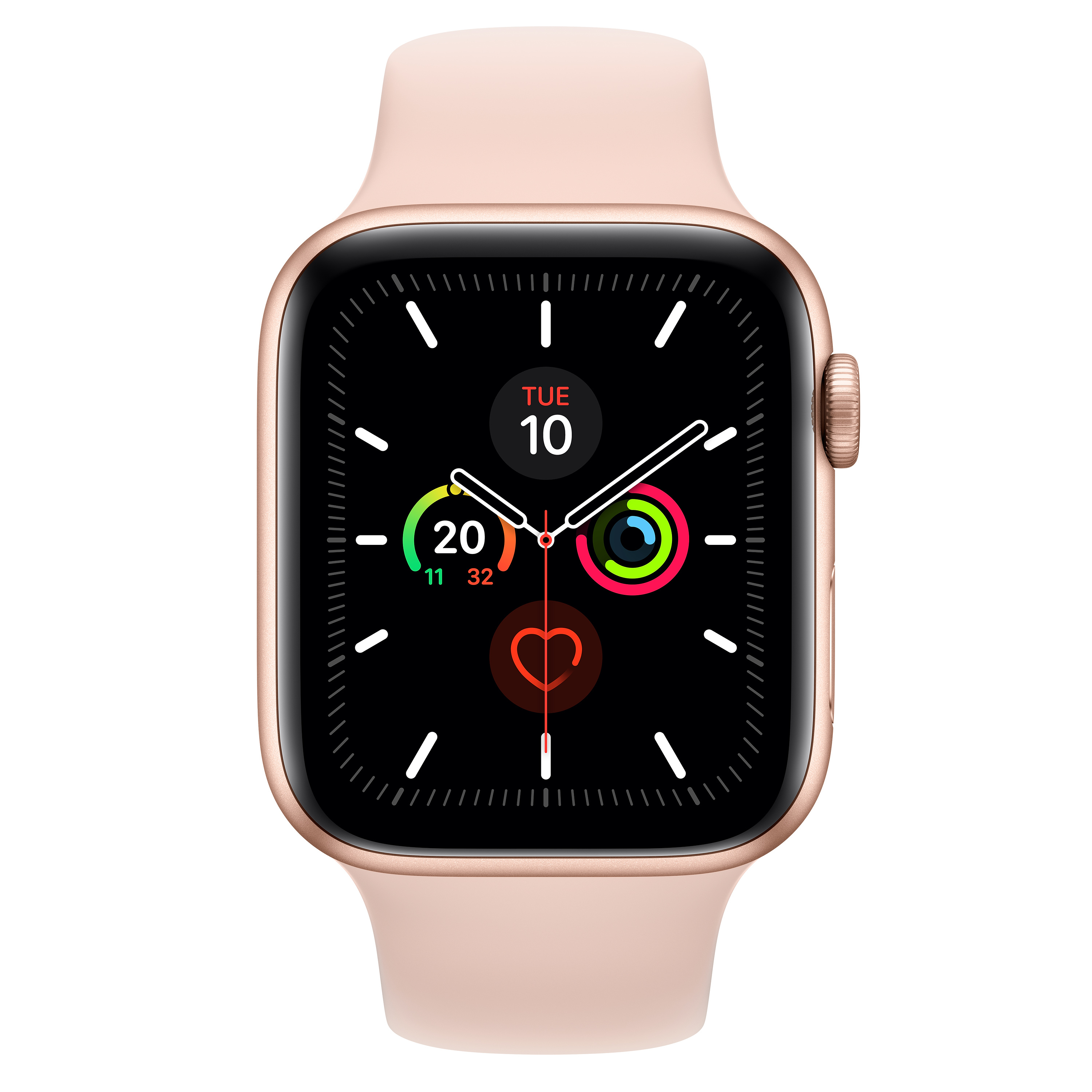 Apple Watch mit rosa Armband. Digitalanzeige zeigt Zeit, Datum und Gesundheitsdaten.
