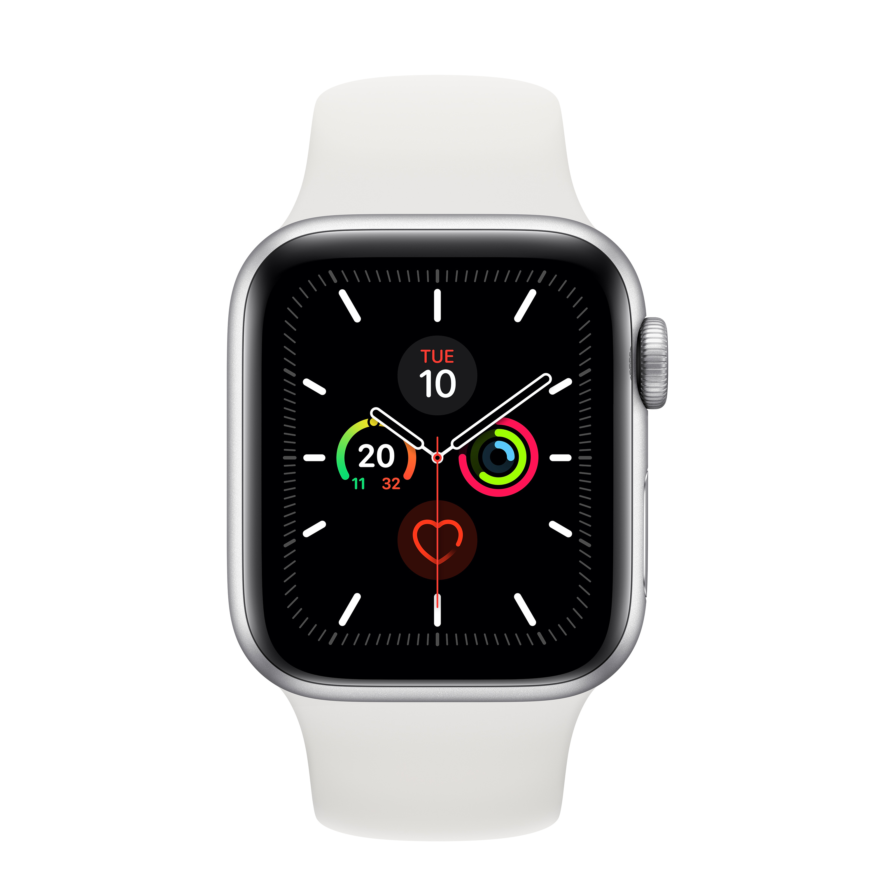 Eine silberne Apple Watch mit weißem Armband zeigt Zeit und Gesundheitsdaten.