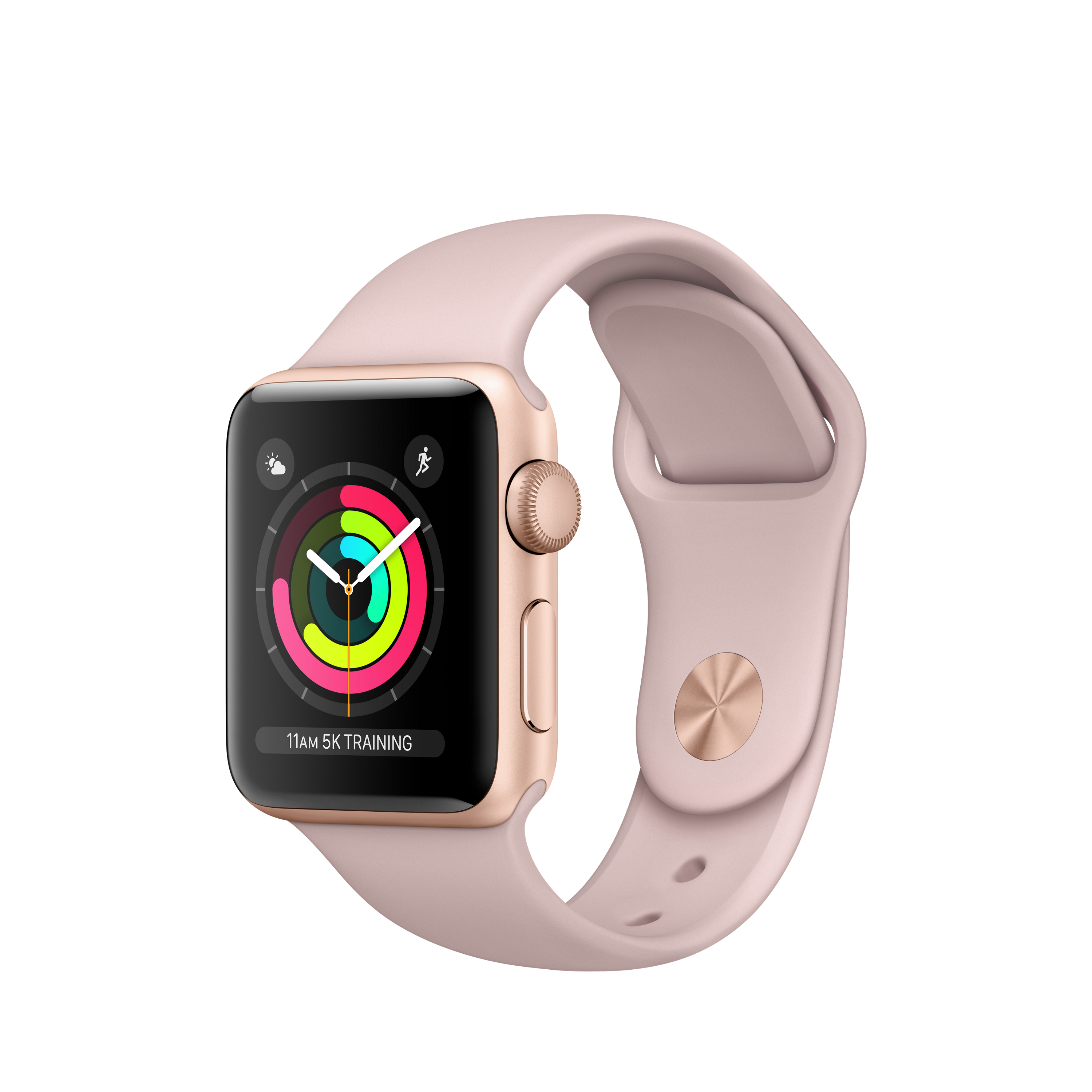 Eine rosa Apple Watch mit goldenem Gehäuse und rosa Armband. Der Bildschirm zeigt ein 5k Training.