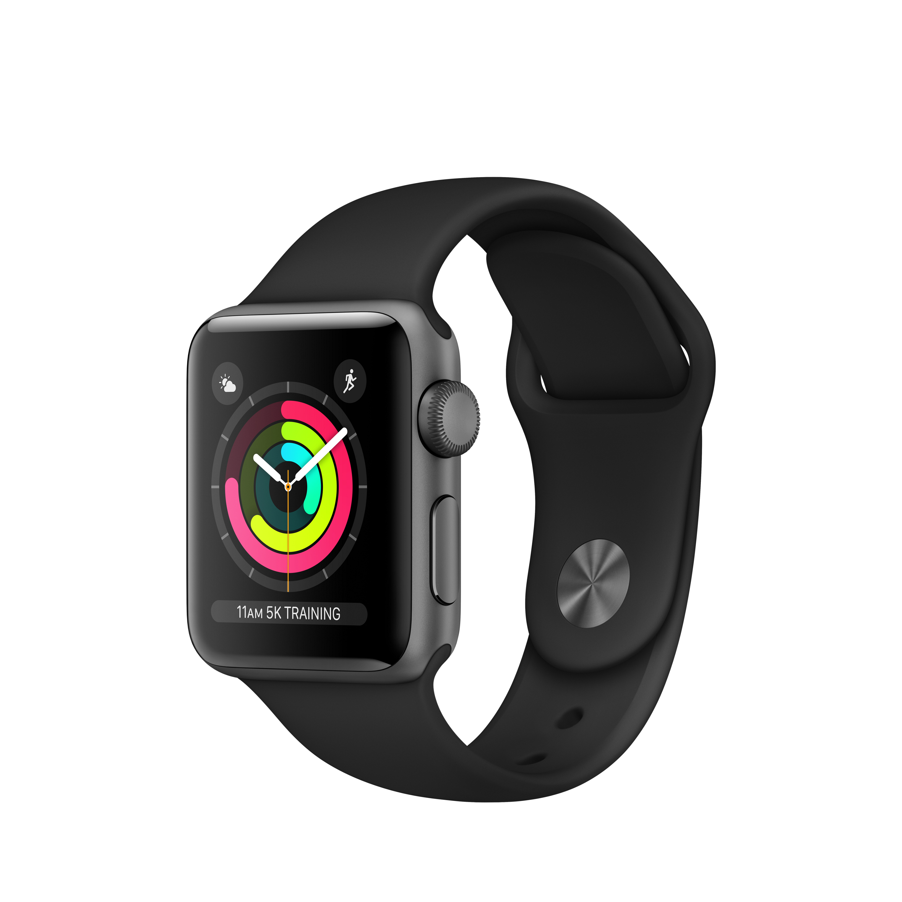 Schwarze Apple Watch mit schwarzem Armband auf weißem Hintergrund, mit farbenfroher Anzeige.