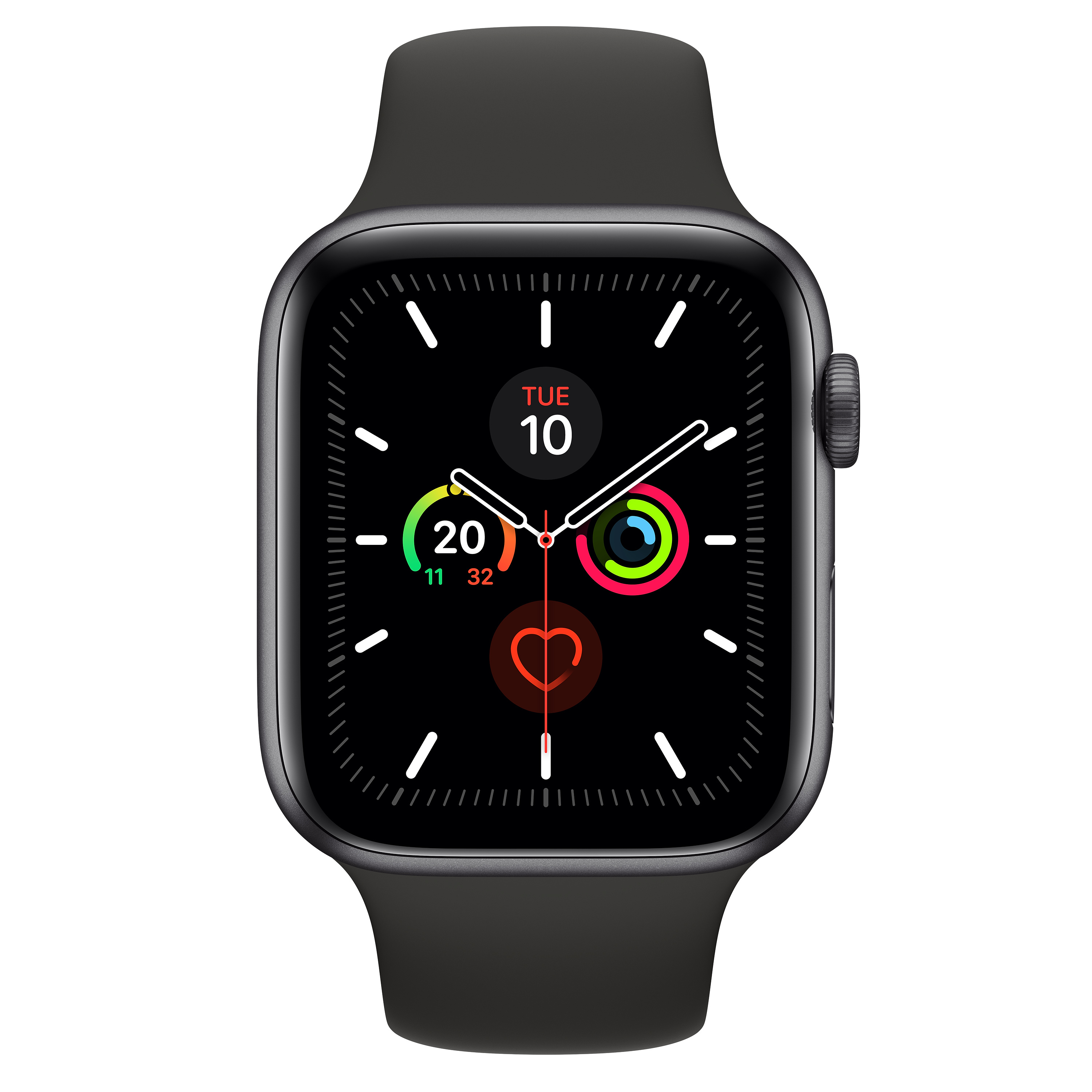 Eine schwarze Apple Watch mit schwarzem Armband, die das Datum und verschiedene Gesundheitsmetriken anzeigt.