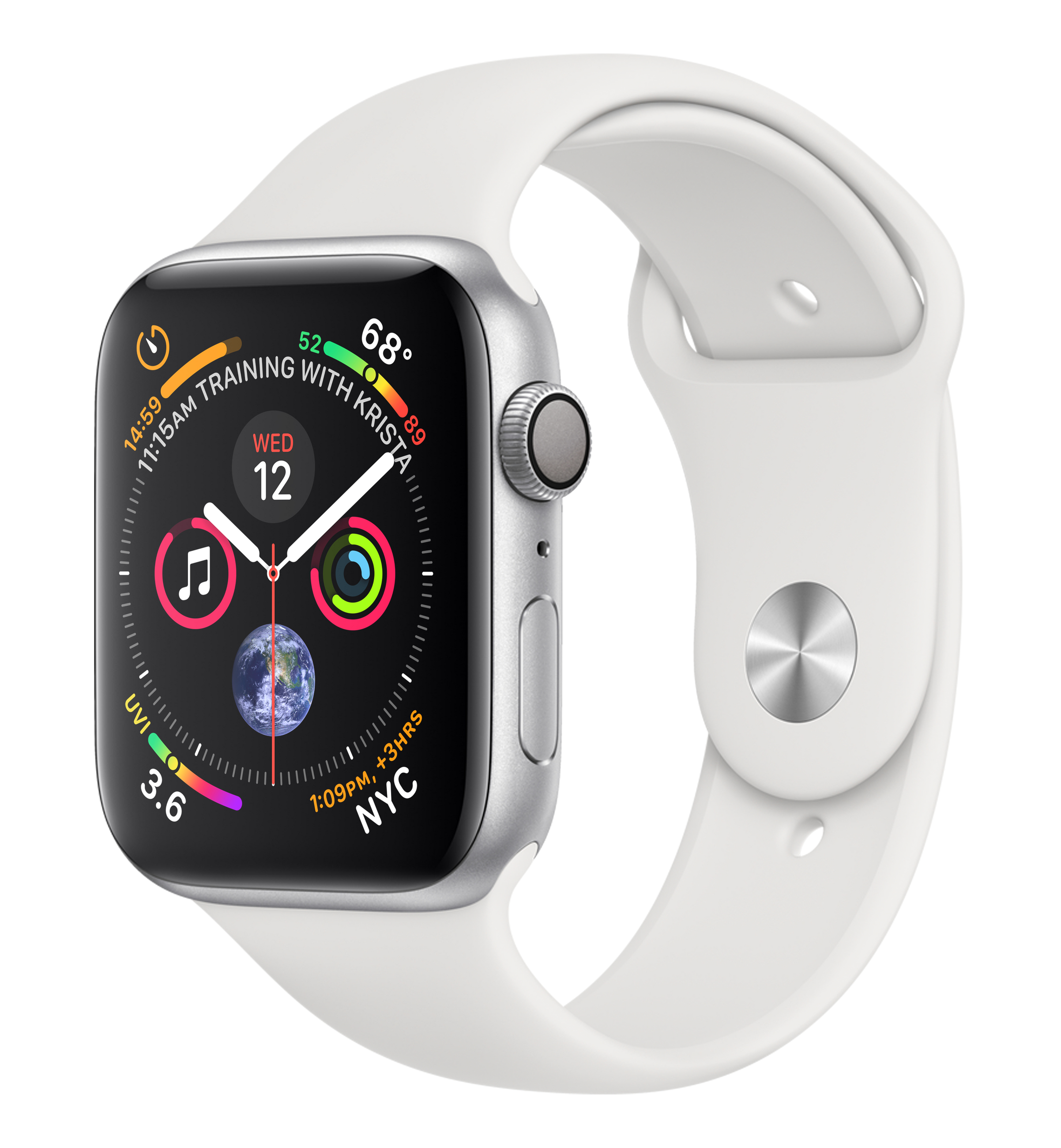 Apple Watch plateado con correa blanca, mostrando una pantalla colorida sobre fondo blanco.