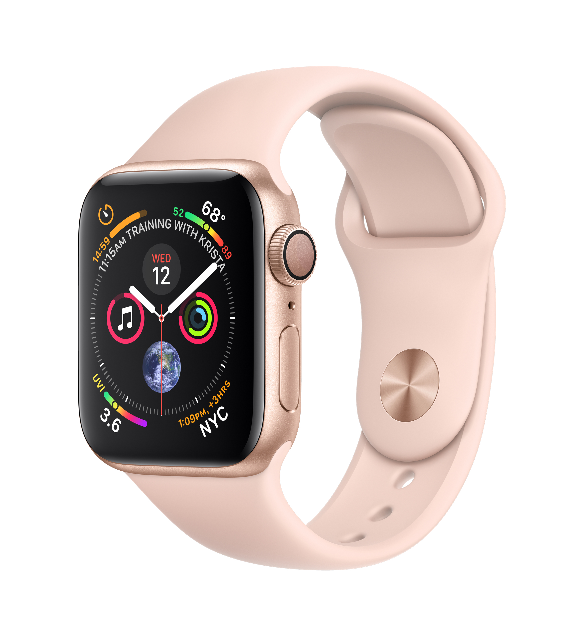 Eine goldene Apple Watch mit rosa Armband, die Zeit und andere Infos anzeigt.