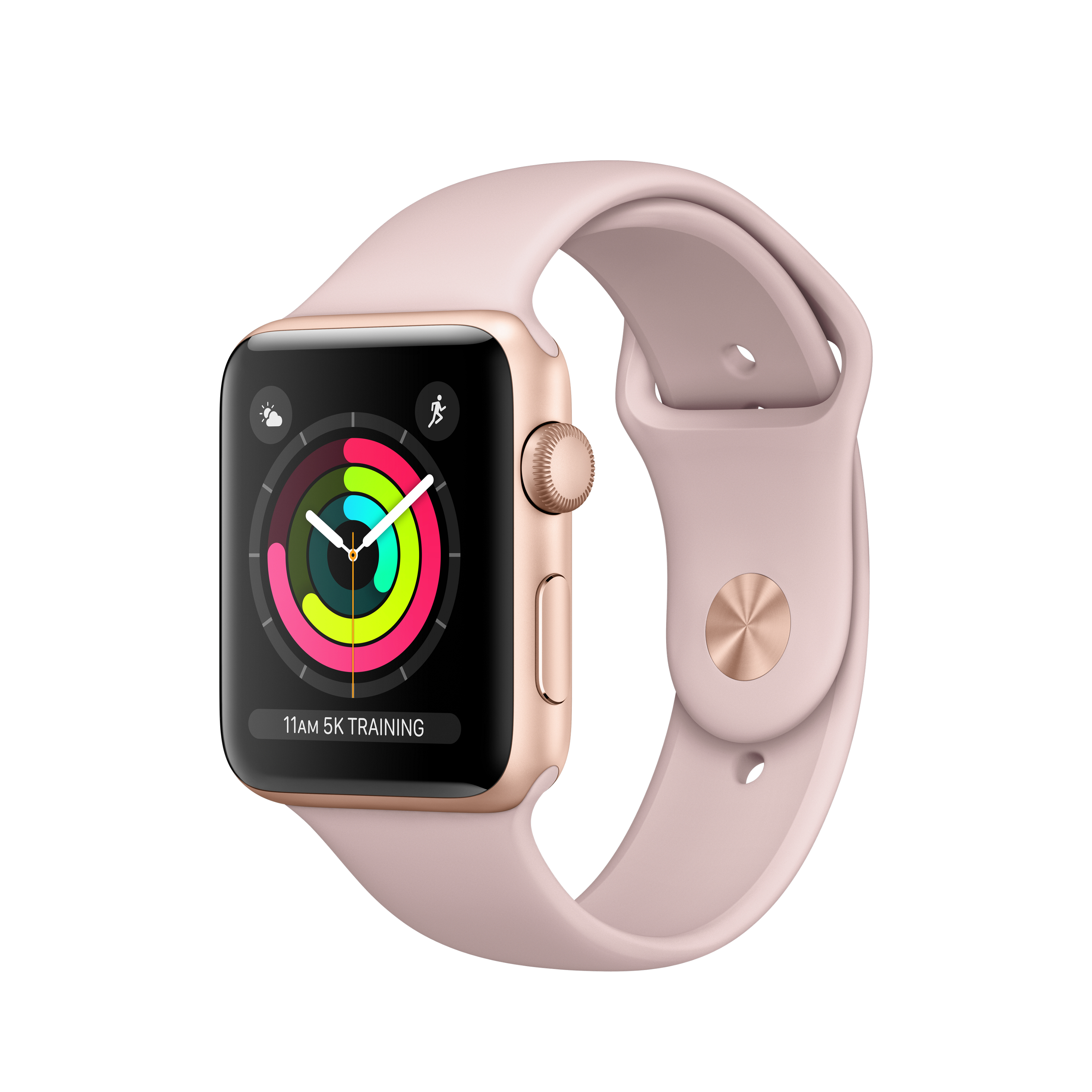 Apple Watch mit rosa Armband. Digitalanzeige zeigt die Aktivitätsringe.