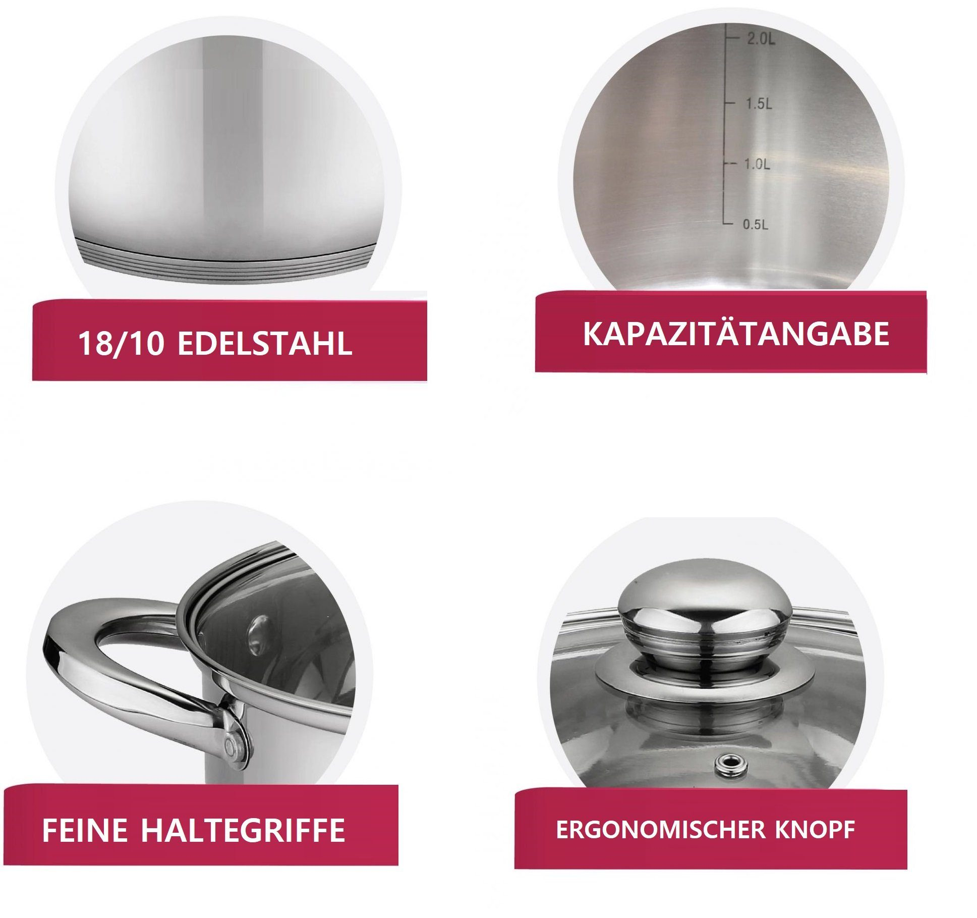 Nahaufnahme von Edelstahl-Töpfen. Zeigt Merkmale wie Griff, Fassungsvermögen und ergonomischen Knopf.
