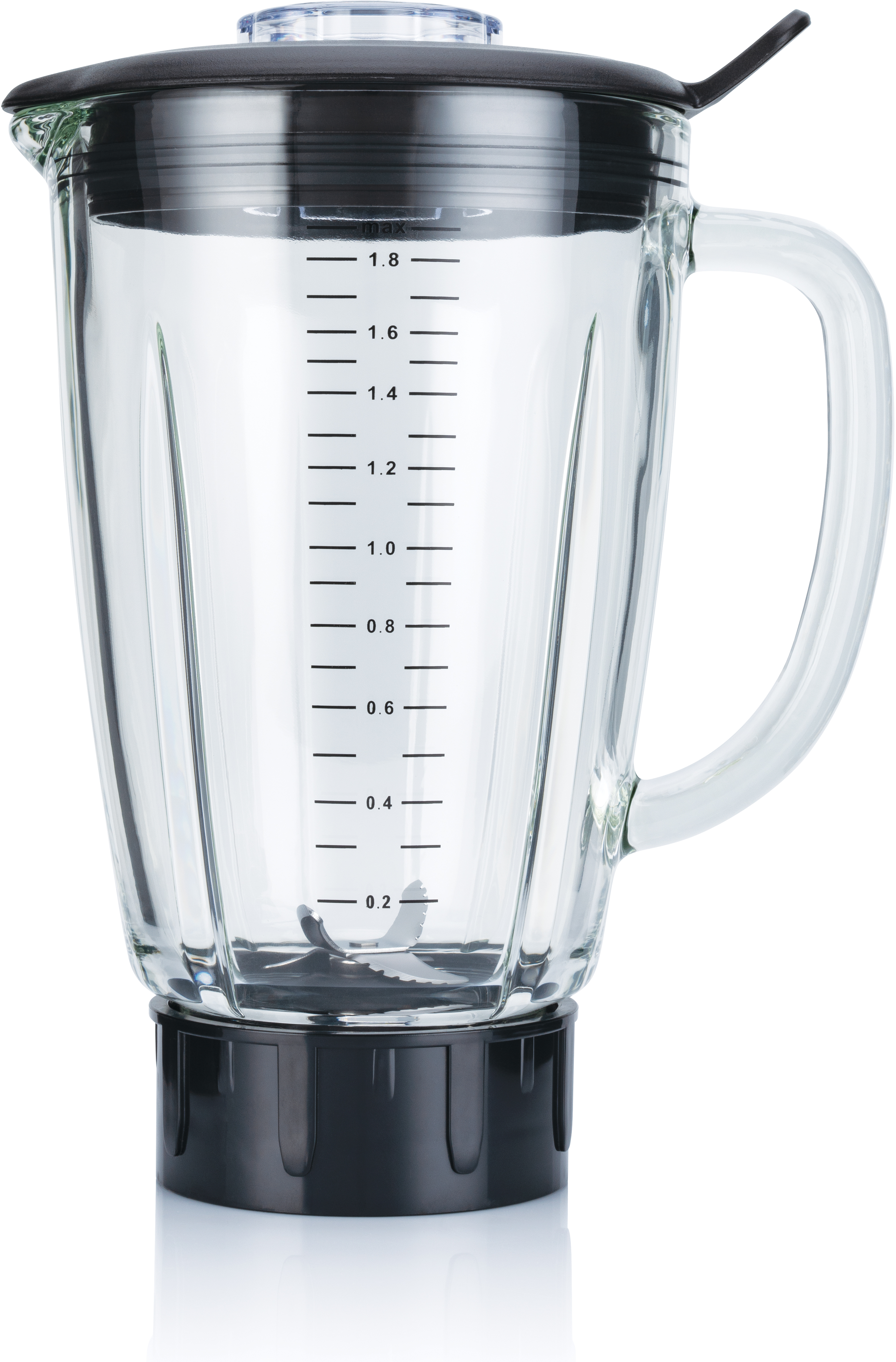 Glasmixer mit schwarzem Sockel und Deckel. Graduierte Markierungen an der Seite. Weißer Hintergrund.
