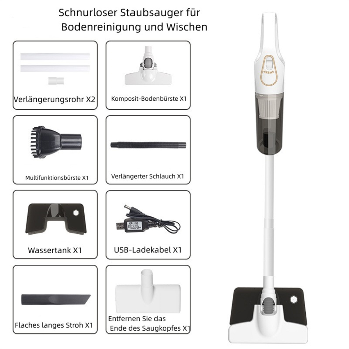 Kabelloser Staubsauger mit Teilen, einschließlich Verlängerungsrohr, Bürste und Ladegerät.