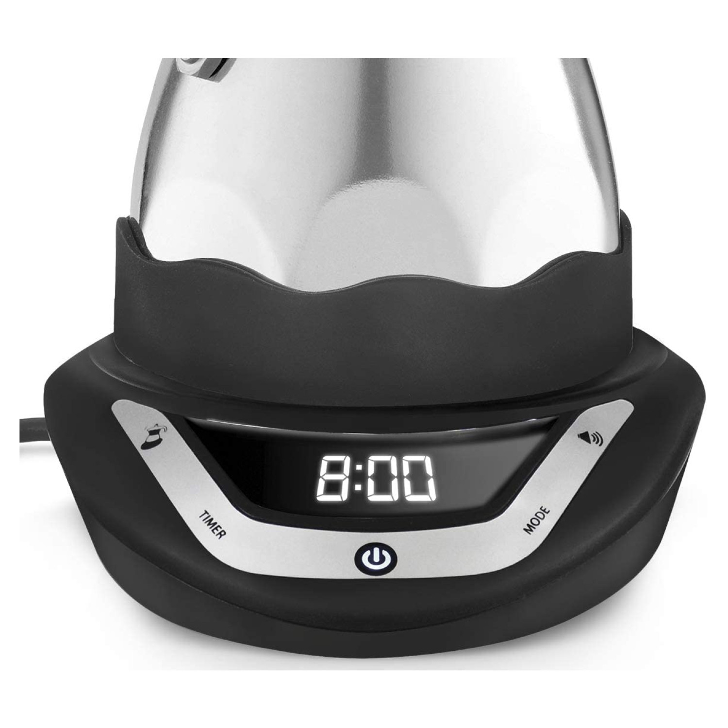 Zbliżenie czarnej podstawy ekspresu do kawy z wyświetlaczem cyfrowym pokazującym 8:00.