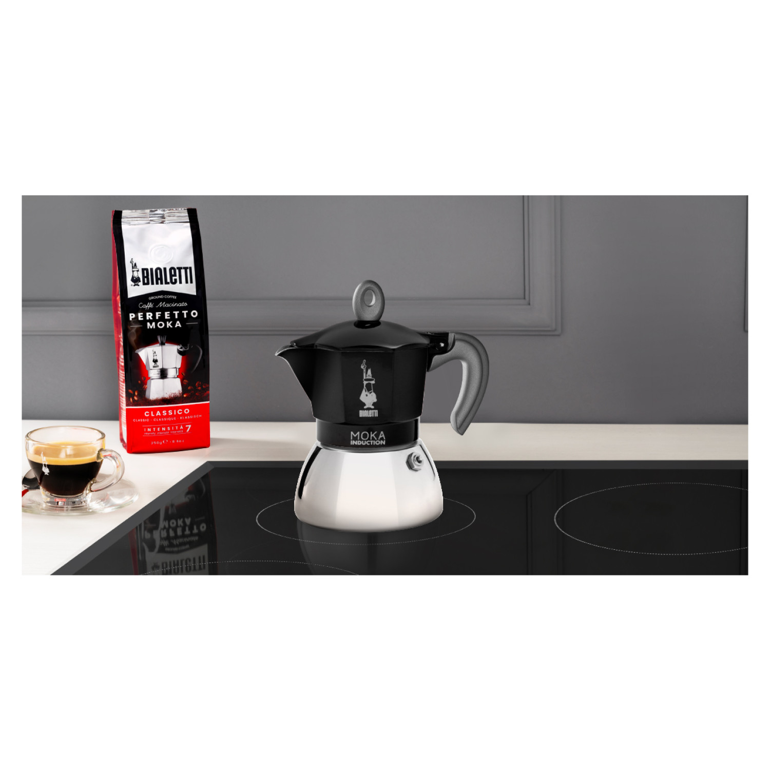 BIALETTI Espressokocher New Schwarz/Silber Moka BLACK Induction 2 für Tassen