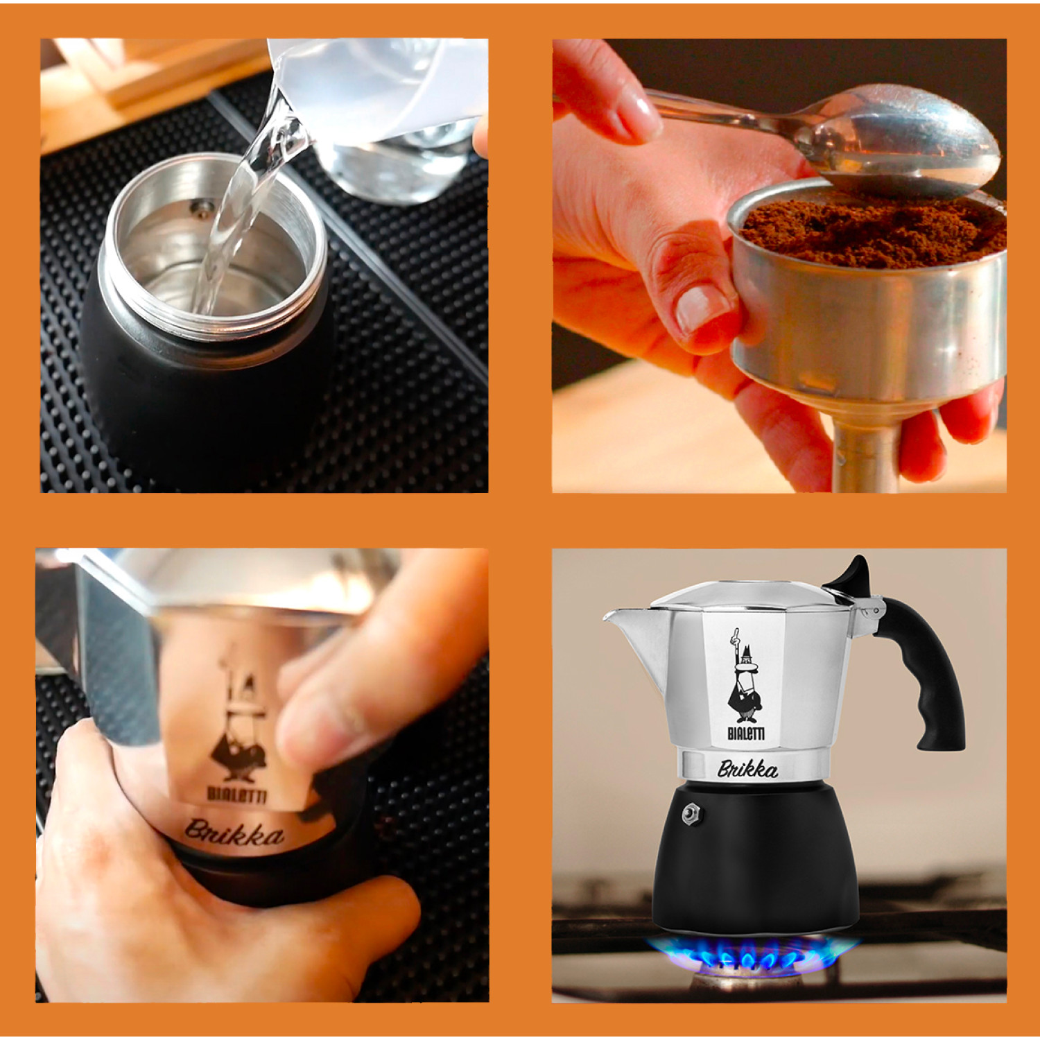 Kroki parzenia kawy. Woda w kawiarce, zmielona kawa w filtrze i kawiarka na kuchence.