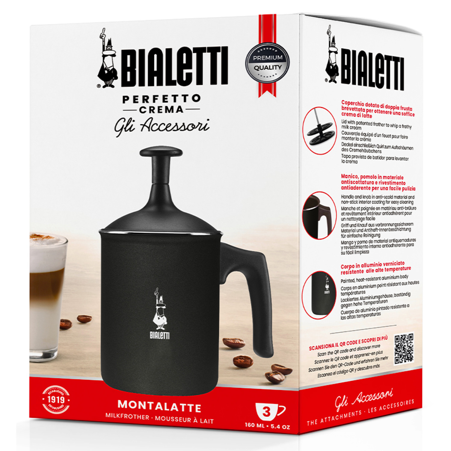 Czarny spieniacz do mleka z pudełkiem. Tekst na pudełku brzmi BIALETTI. Akcesoria.