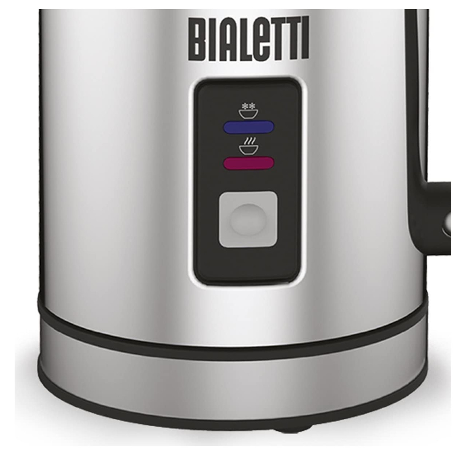 Zbliżenie na przyciski i logo na srebrnym spieniaczu do mleka.