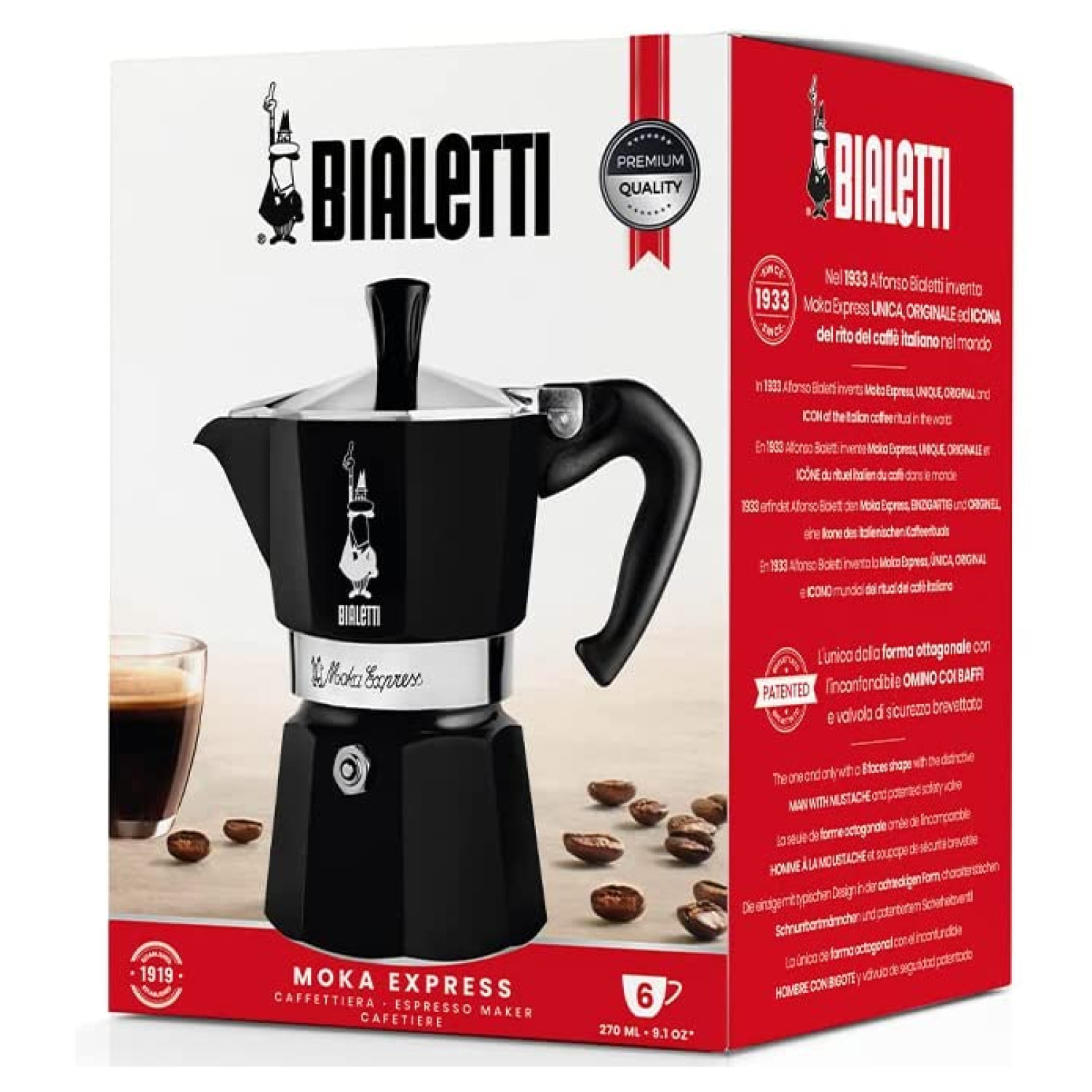 Czarny ekspres do kawy Bialetti Moka Express, z tekstem i logo.