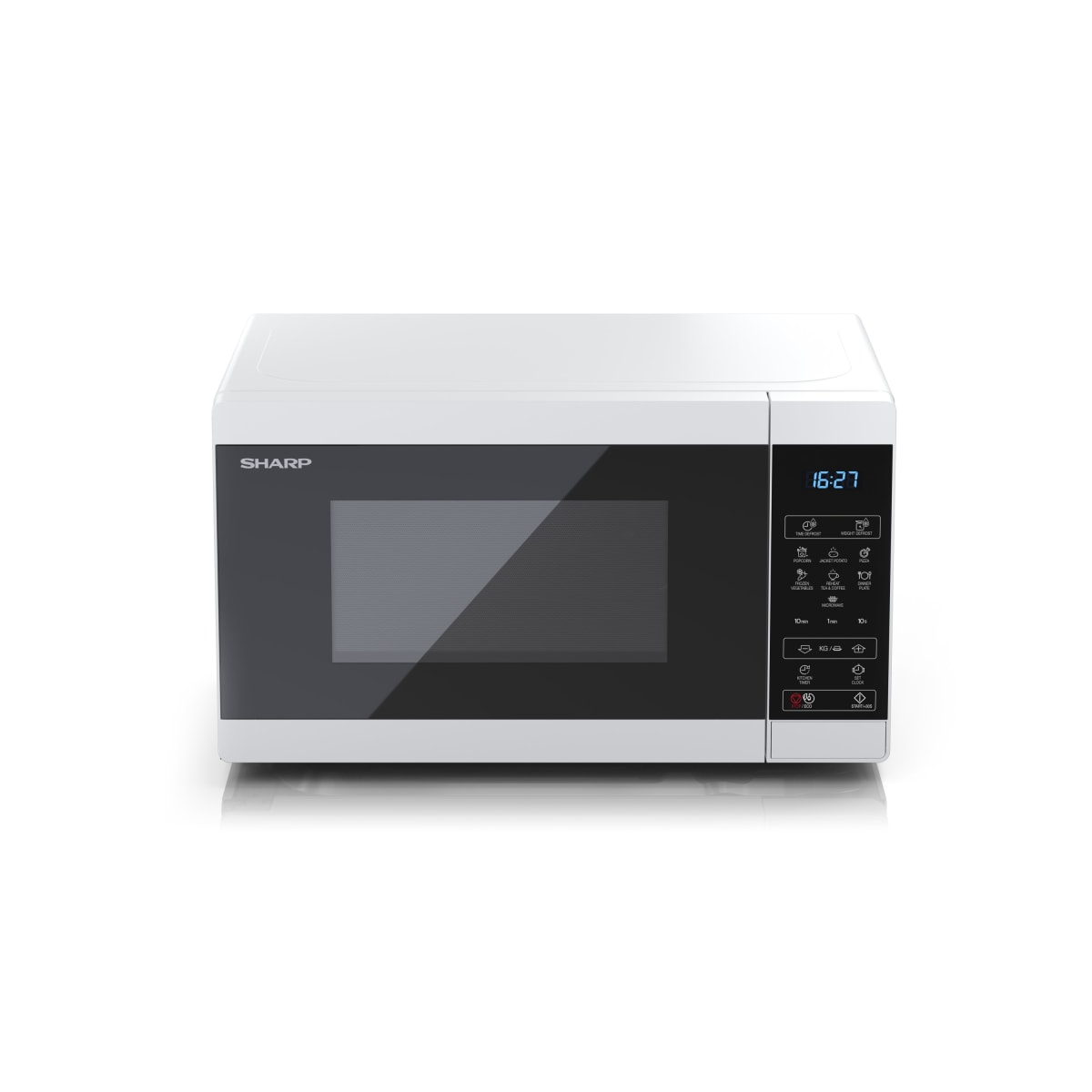Horno microondas Sharp con puerta negra y pantalla digital mostrando la hora. Fondo blanco.