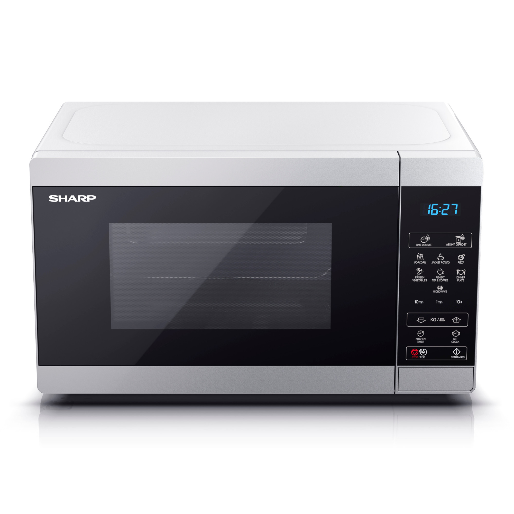 Un horno de microondas blanco y plateado. Tiene un reloj digital y botones para diferentes funciones de cocción.