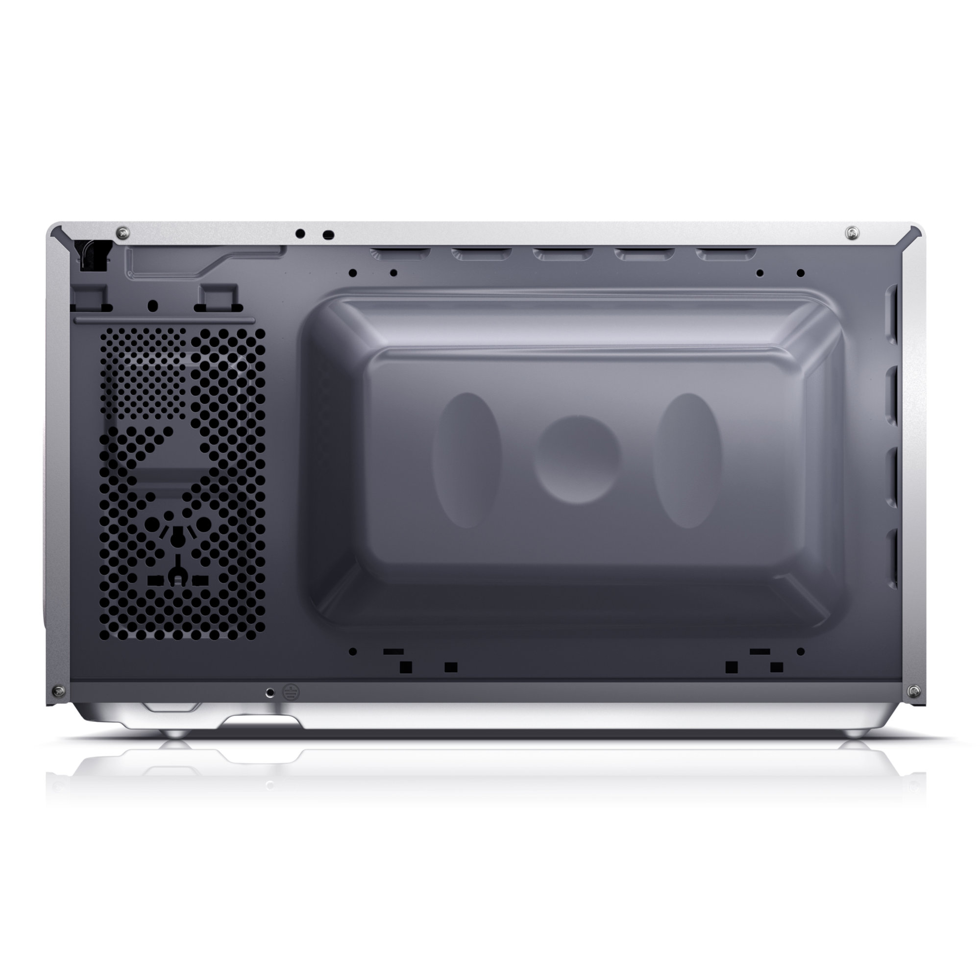 Parte trasera de microondas. Gris metálico, orificios de ventilación y forma rectangular.