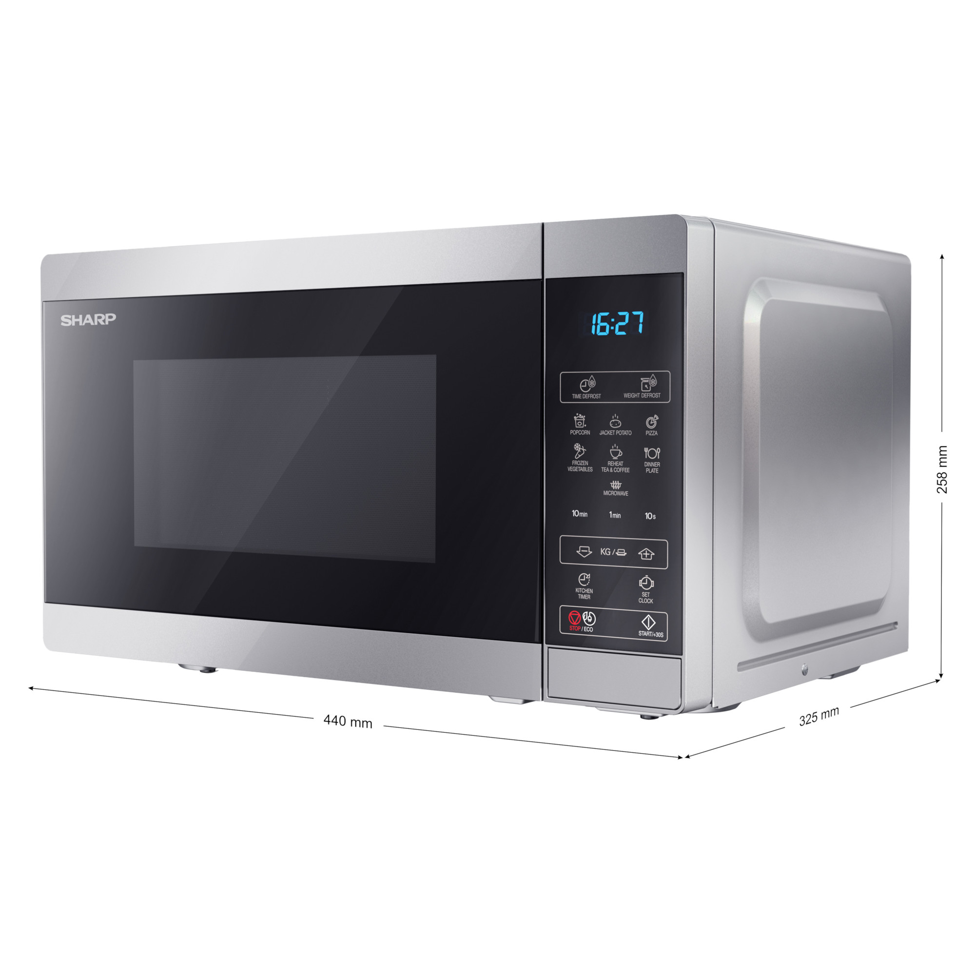 Un horno de microondas plateado con vidrio negro y botones de control, con dimensiones etiquetadas.