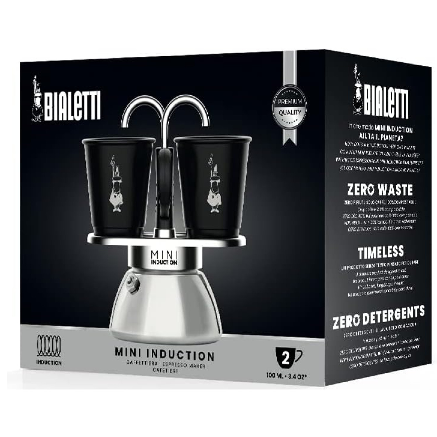 2 Tassen Espressokocher BIALETTI Set Schwarz/Silber Mini Induction für BLACK