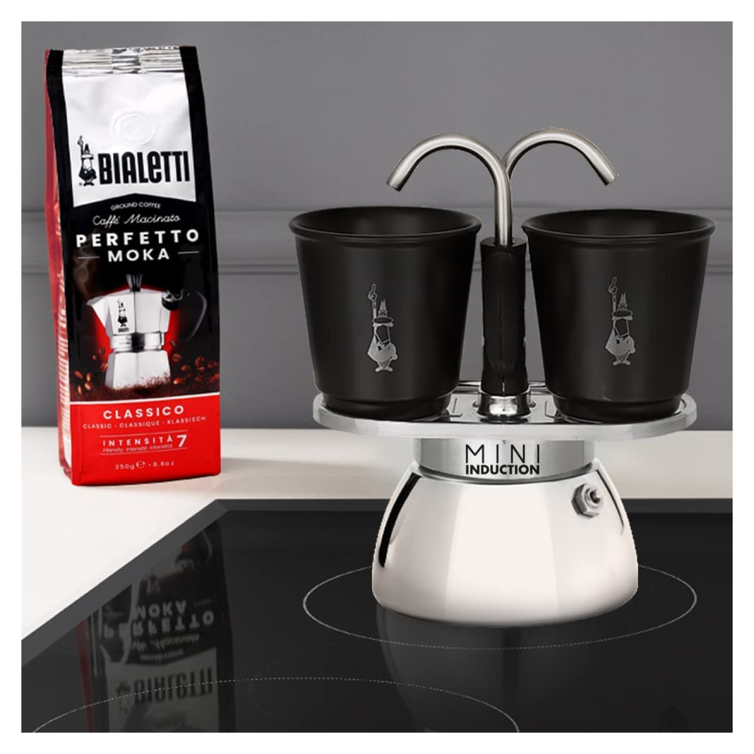BIALETTI Set Mini Induction für Tassen Espressokocher Schwarz/Silber 2 BLACK