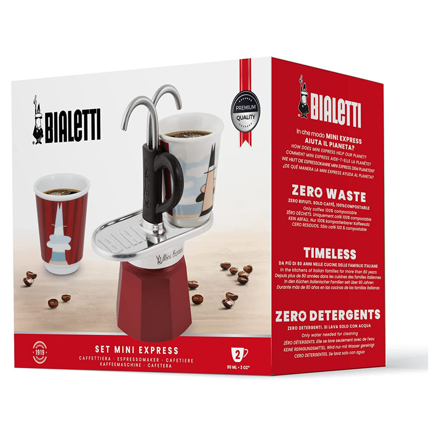 Czerwony ekspres Mini Express z filiżankami i ziarnami kawy na pudełku.