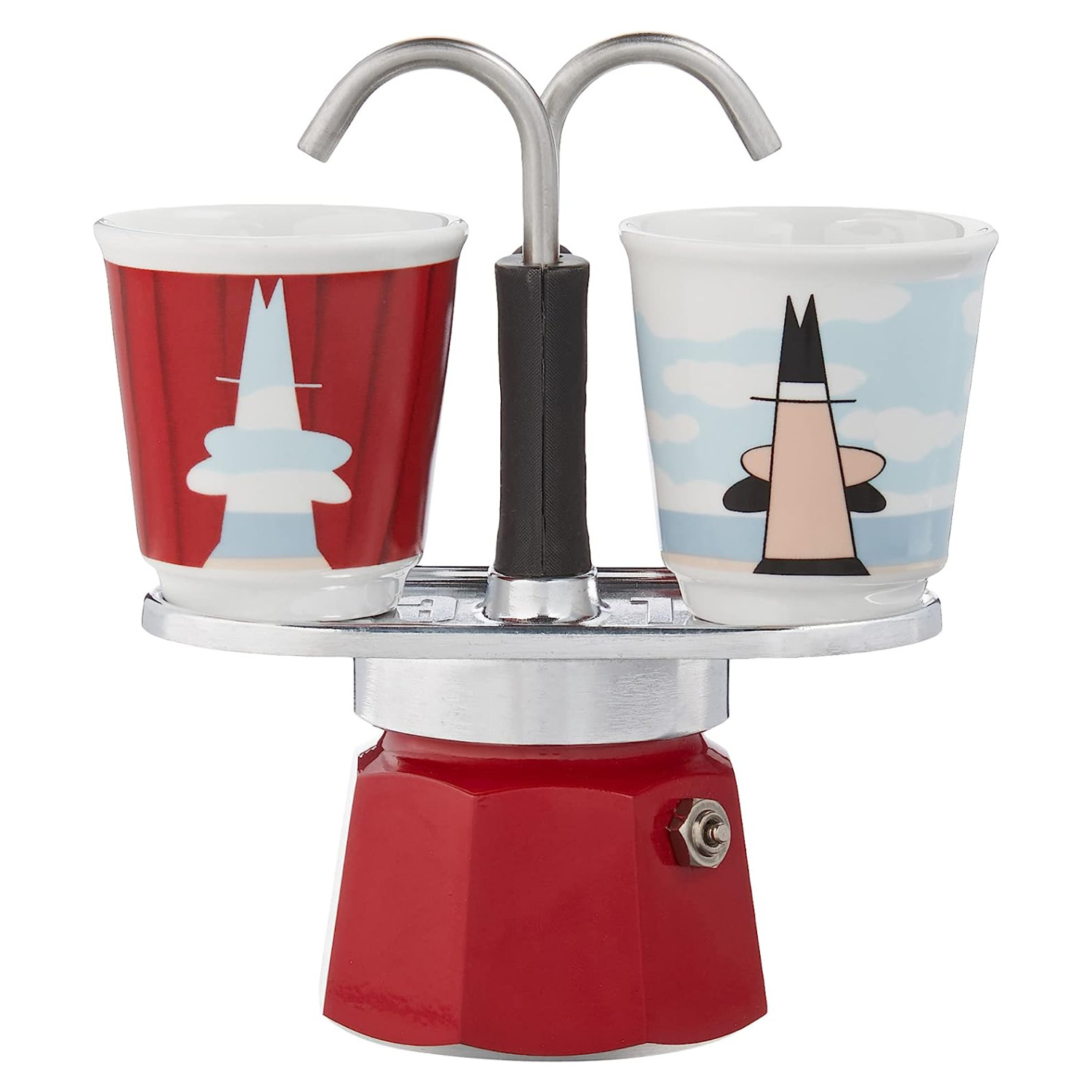 Czerwony ekspres Moka z dwiema filiżankami. Każda filiżanka ma inny wzór.