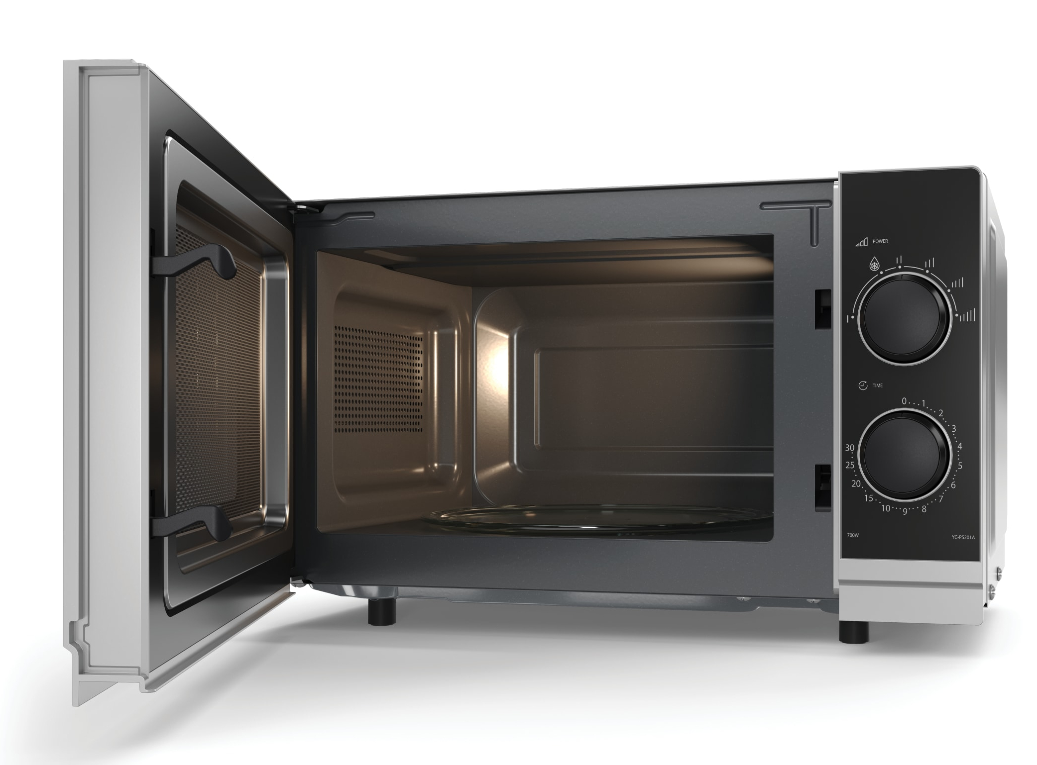 Un horno microondas con la puerta abierta. El interior es visible y está brillantemente iluminado.