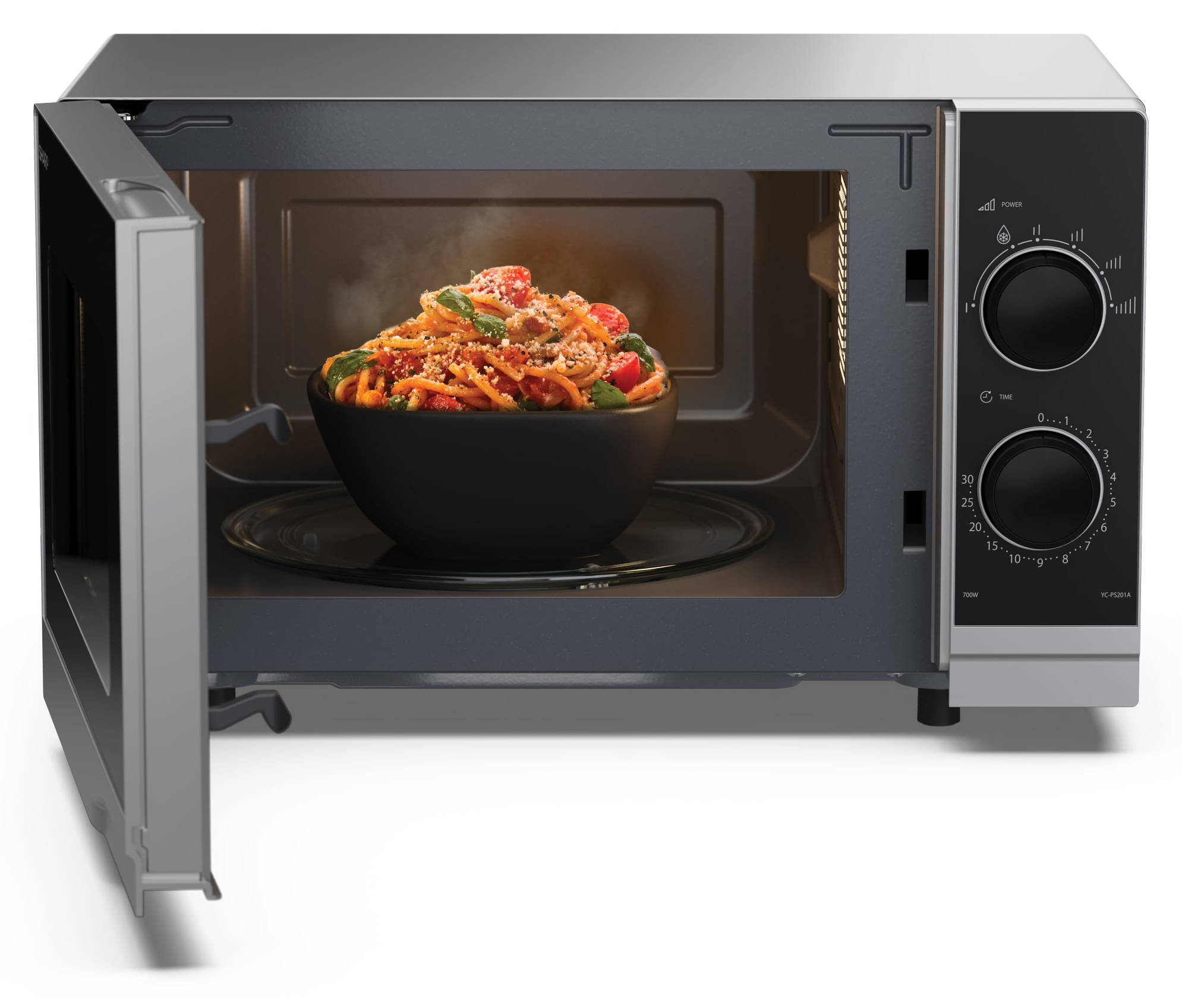 Microondas con puerta abierta, tazón de pasta dentro. Exterior plateado, controles negros, fondo blanco.