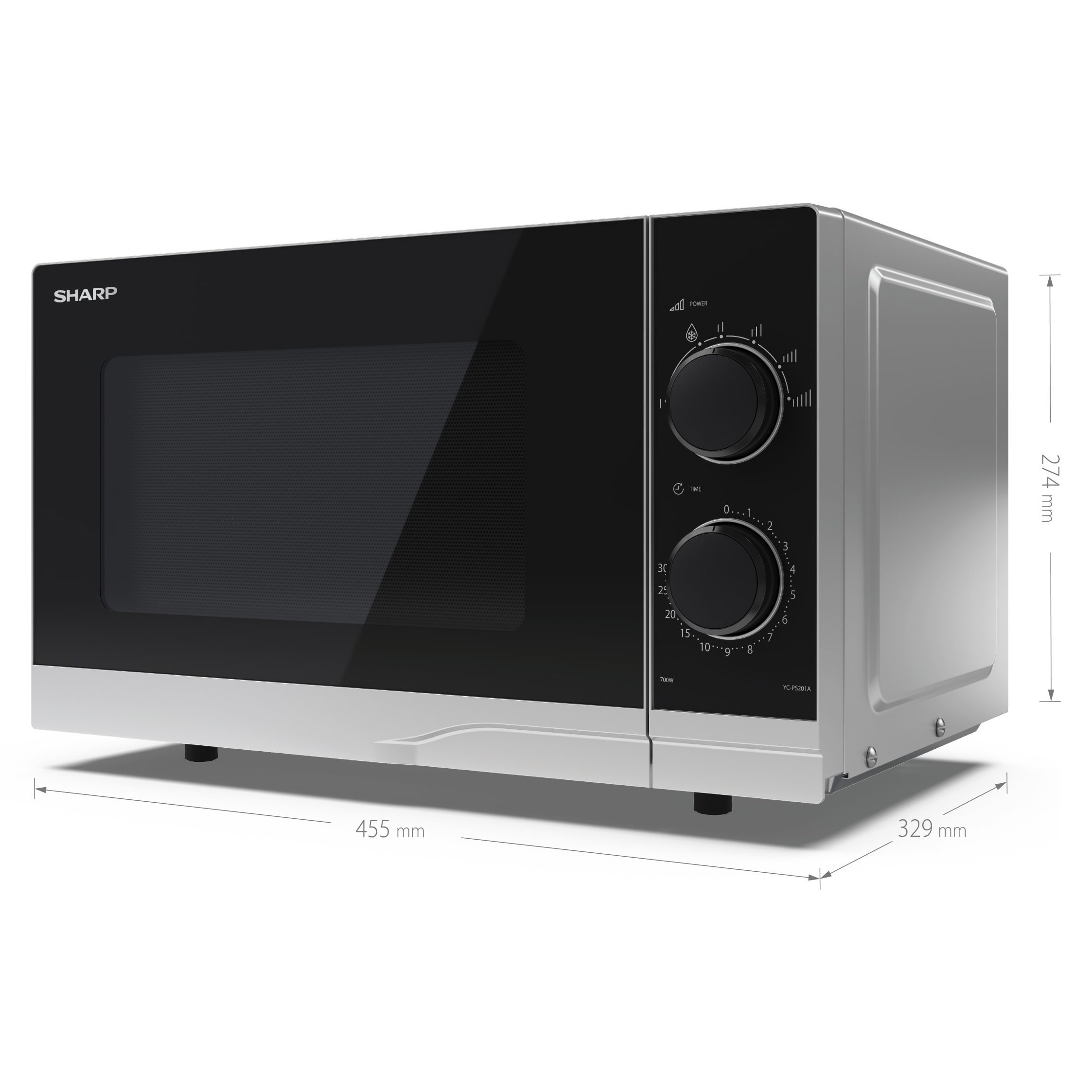 Un horno microondas Sharp con puerta negra y cuerpo plateado.
