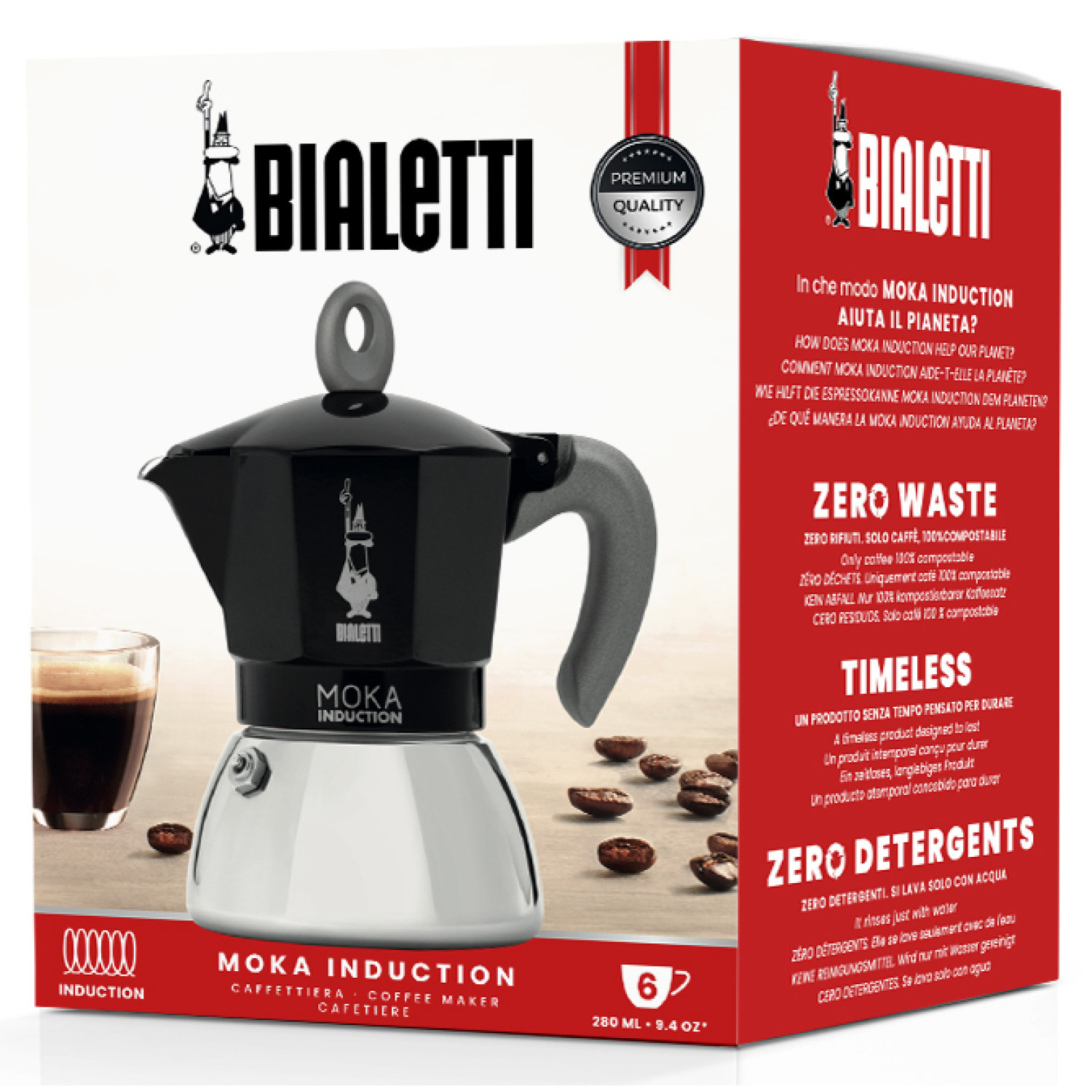 BIALETTI 6 Tassen für New Schwarz/Silber BLACK Induction Espressokocher Moka