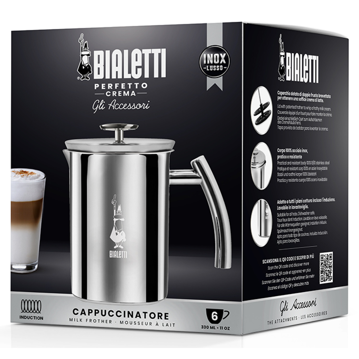 Pudełko do spieniania mleka Bialetti ze szklanką latte i spieniaczem do mleka.