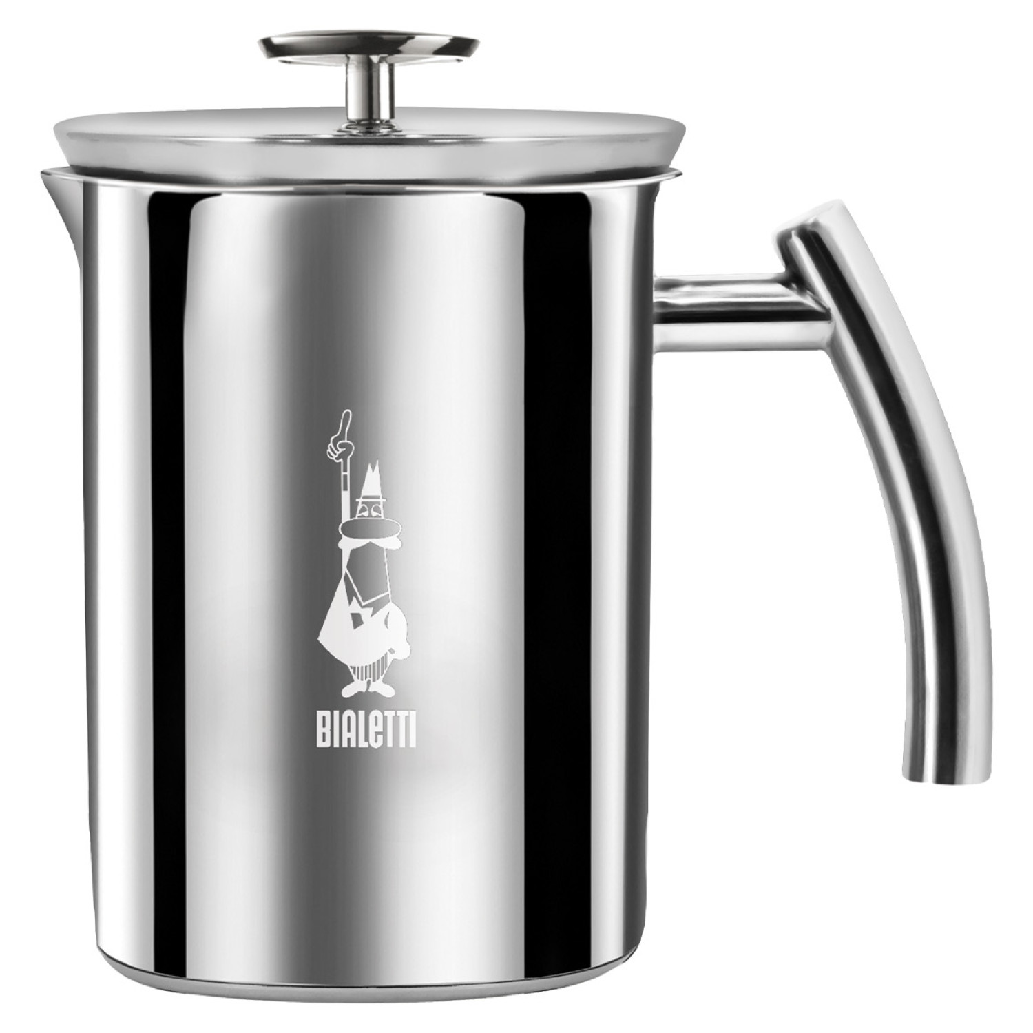 Srebrny zaparzacz do kawy Bialetti z uchwytem i pokrywką. Logo Bialetti.