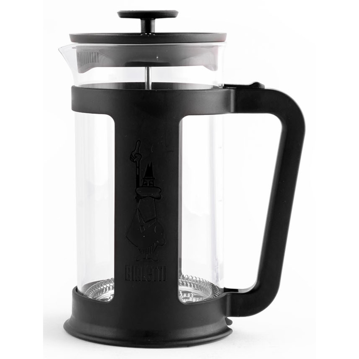 Una caffettiera francese in vetro e plastica nera su sfondo bianco.