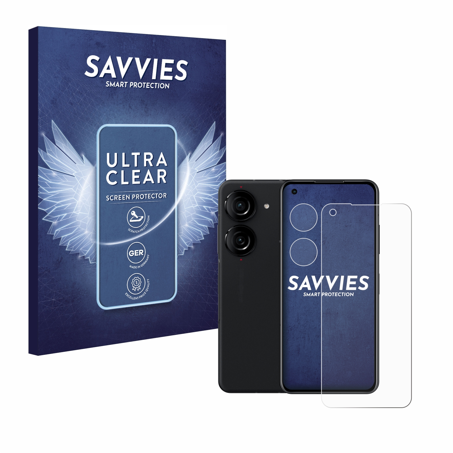 Ein Telefon mit Displayschutzfolie und einer Box auf weißem Hintergrund. Die Displayschutzfolie ist klar.