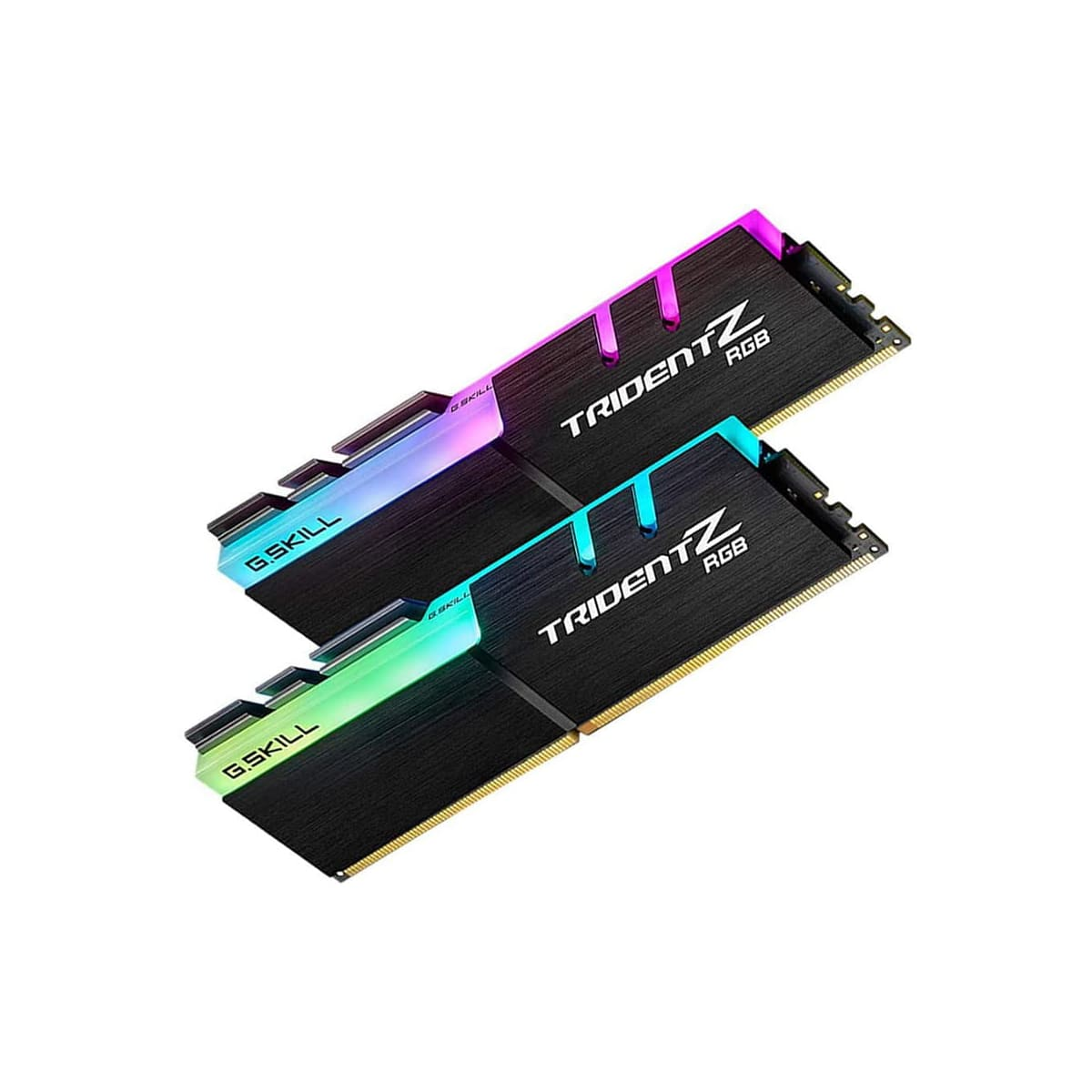 Dos módulos de RAM G.Skill Trident Z RGB. Son negros con luces coloridas en la parte superior.
