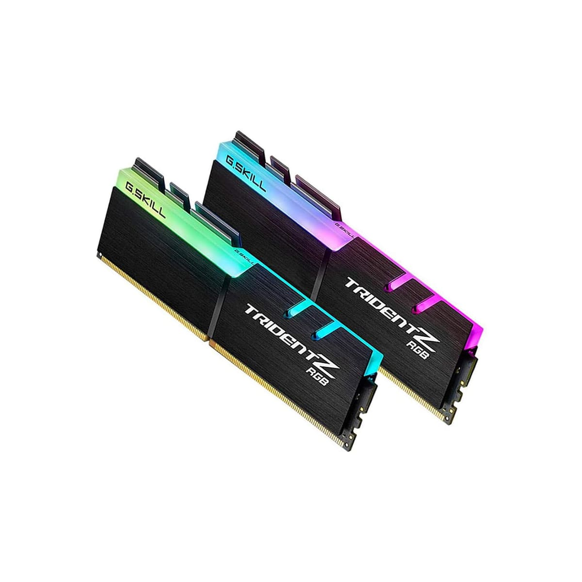 Dos módulos RAM negros con iluminación RGB en la parte superior, angulados sobre fondo blanco.
