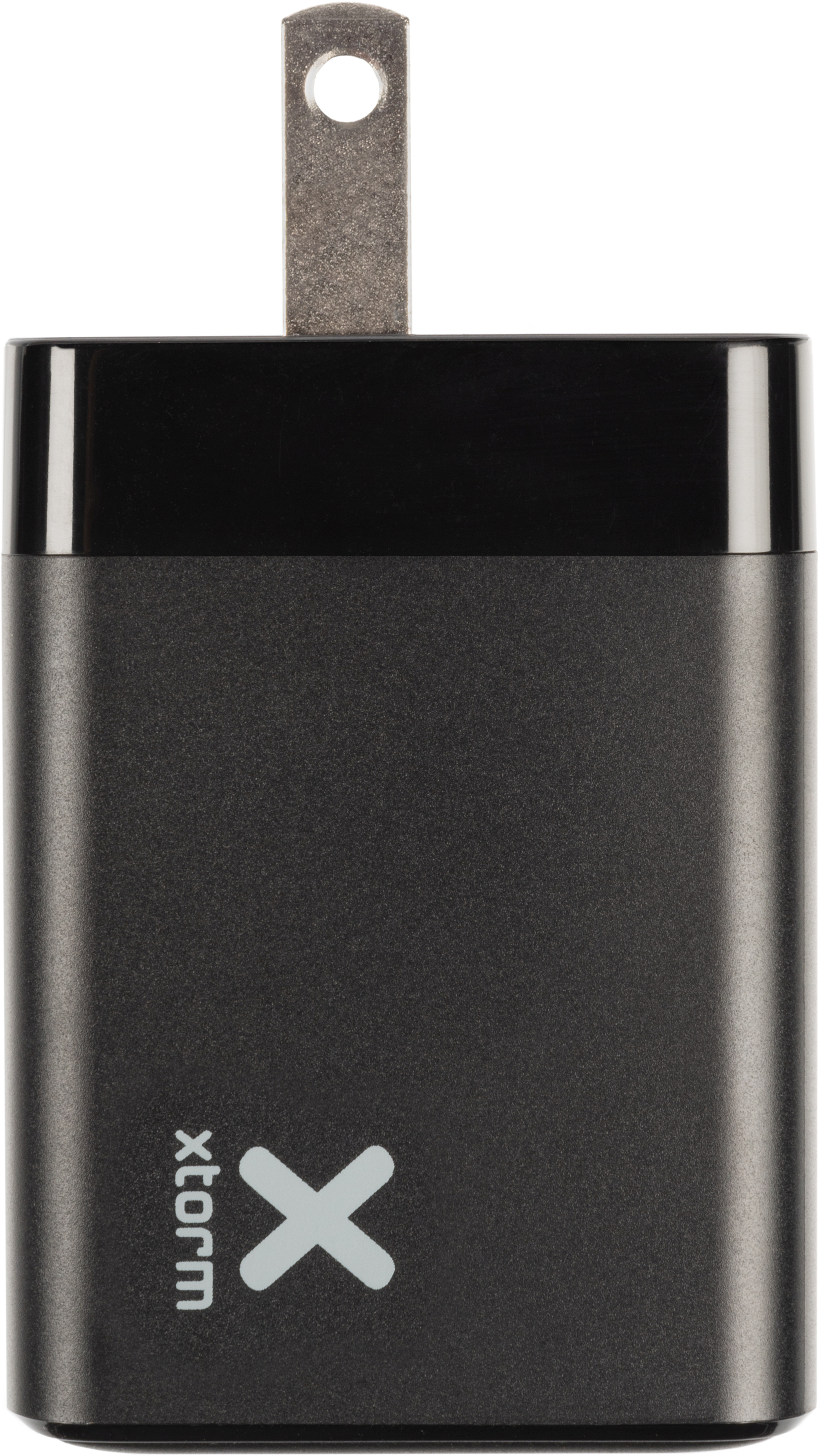 Schwarzes Ladegerät mit silbernem Stecker und weißem 'x'-Logo.